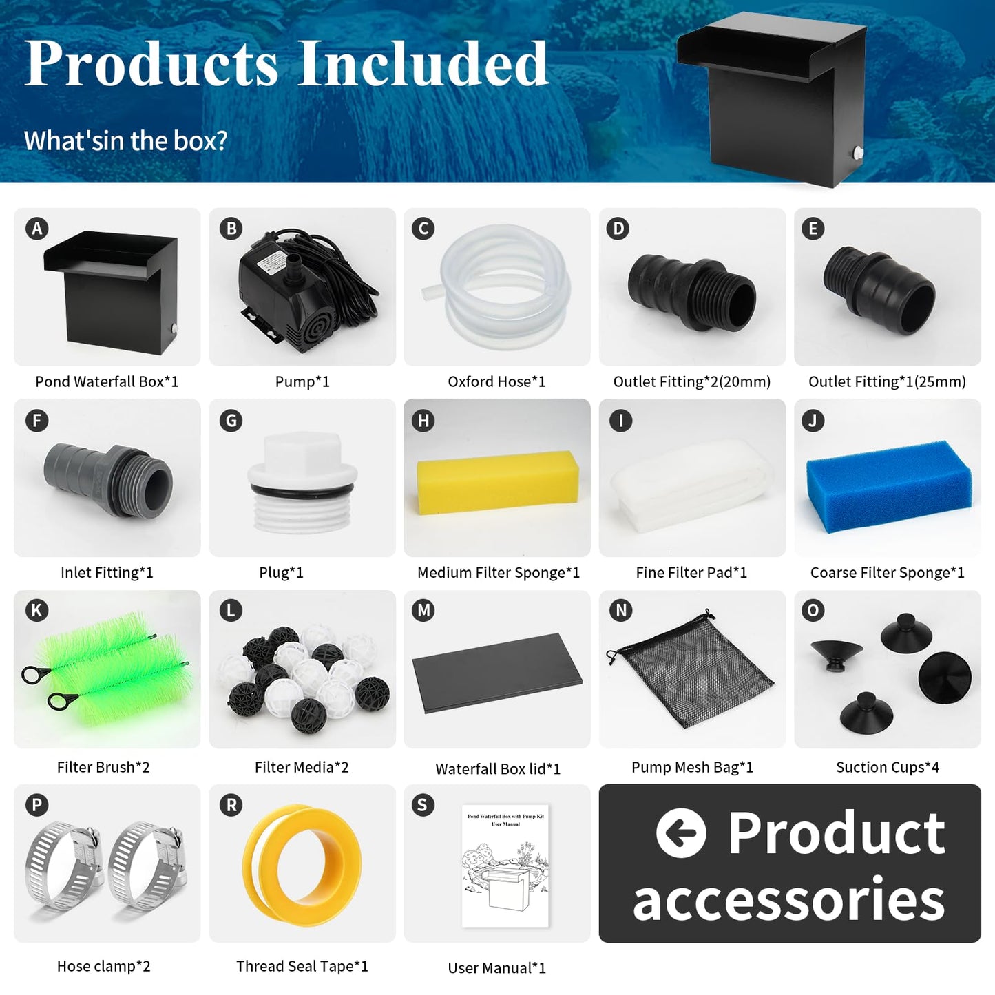 Pond Waterfall Spillway Kit with 800 GPH Pump, 5-Layer Filtration system, 9.8FT Oxford Hose, Complete Pond Kit for Outdoor Ponds, Koi Pond Waterfall Kit, Fountain Feature (12"L x 10.4"W x 12.5"H)