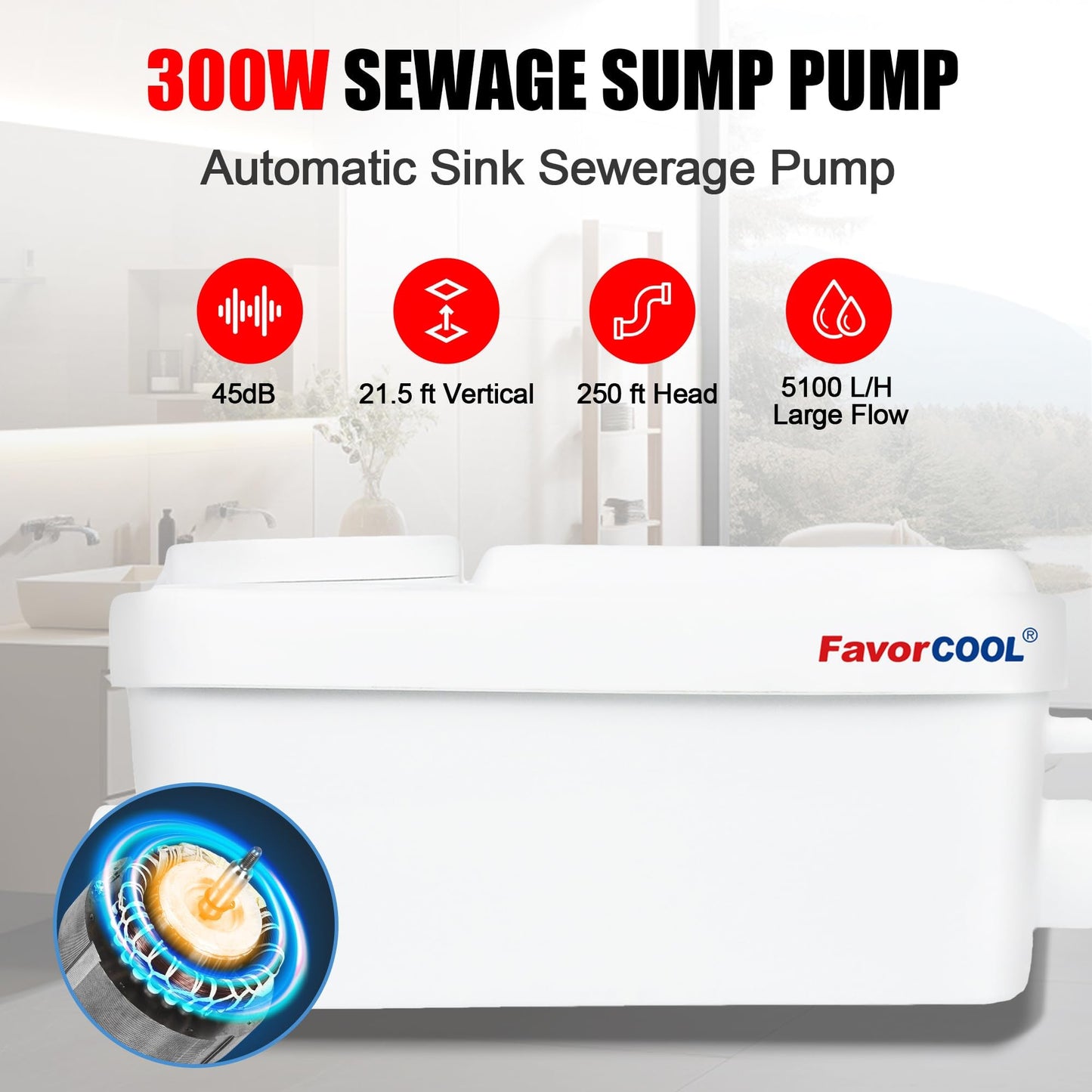 300W Macerator Pump, Sink Sewerage Pump 5100 L/h Flow, 22 ft/6.7 m Head, Sewage Pump for Basement, Kitchen, Sink, Shower, Bathtub, Laundry Waste Water Disposal Upflush Machine
