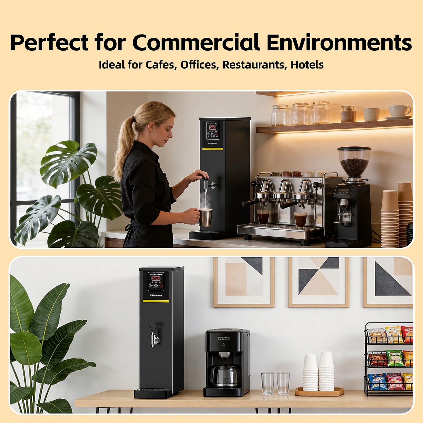XQSHUNFUN Commercial Hot Water Dispenser, 12.68 Qt (12L) Auto-Refill Plumbed-in Water Boiler, 1500W Step-Heating, 104°F-212°F, Altitude Adaptive & °C/°F Switchable, 17 GPH Flow Rate, Glossy Black