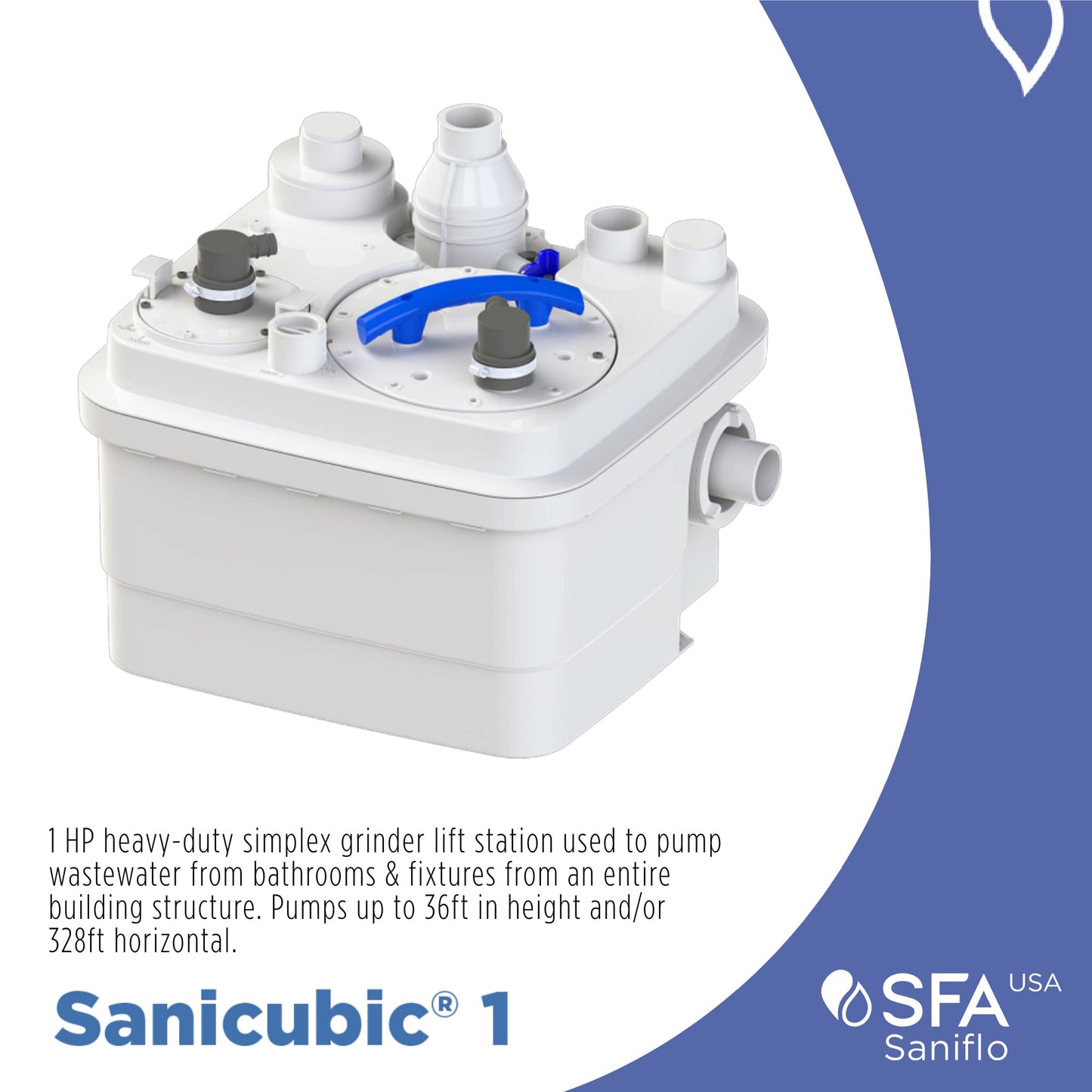 SFA SANIFLO - Sanicubic 1 - Heavy Duty Above Ground Sewage Pump - Grinder - Discharge Up to 50GPM - 120V - Certified CSA (IPC, NSPC), IAPMO (UPC) - 4 Years Warranty - Made In France