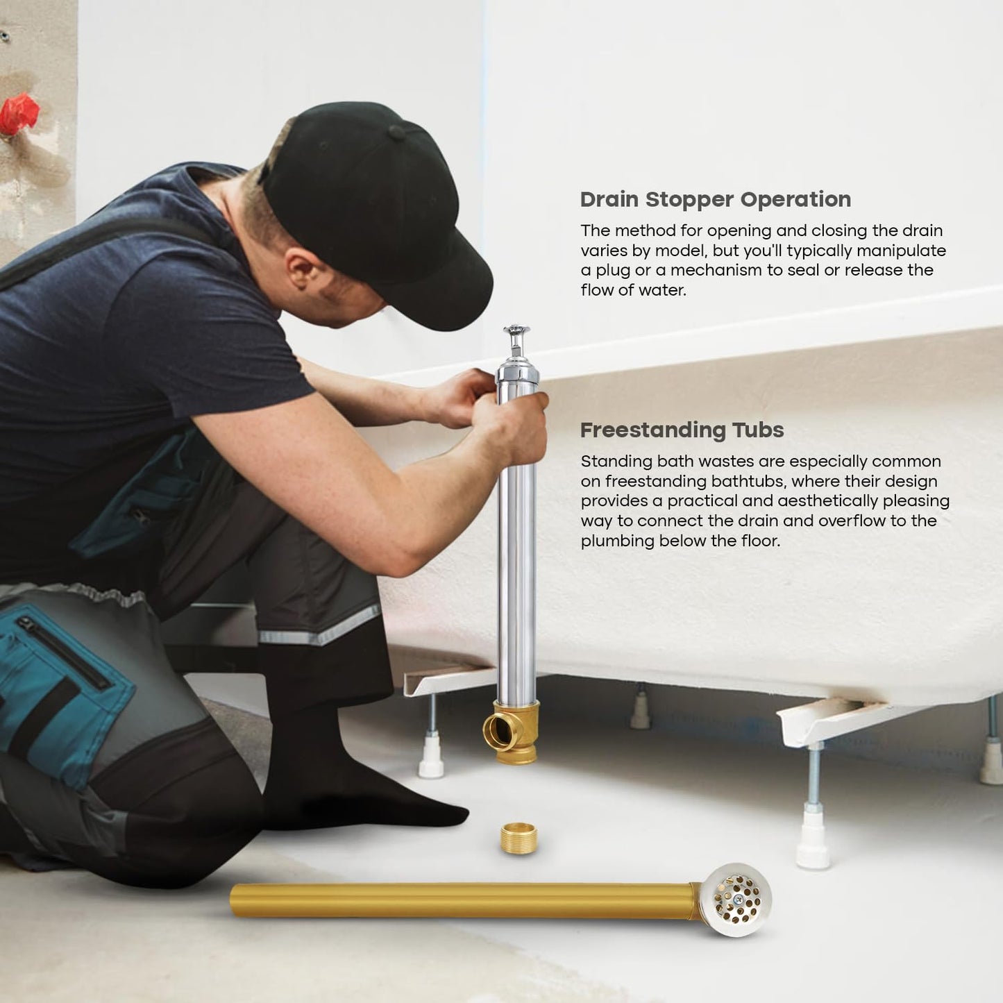 Highcraft 1-1/2" Brass Standing Bath Waste & Overflow Combination Male & Female, 19" Brass Tube