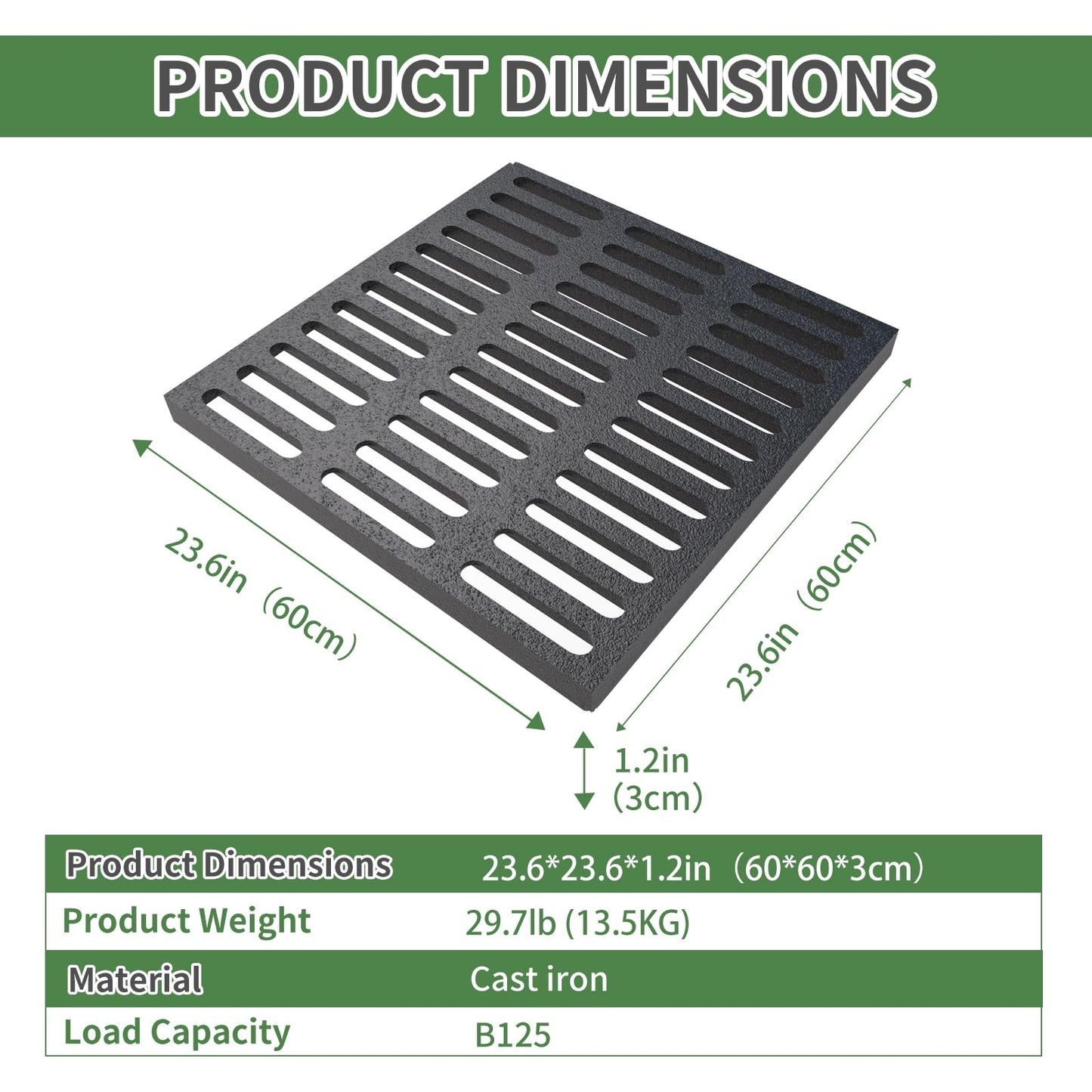 Cast Iron Drain Grate, 24 * 24in Heavy Duty Outdoor Drain Cover, B125 Class Channel Grate, Metal Sewer Grate, Black Square Drainage Grate for Concrete Floor, Yard, Driveway & Garage.
