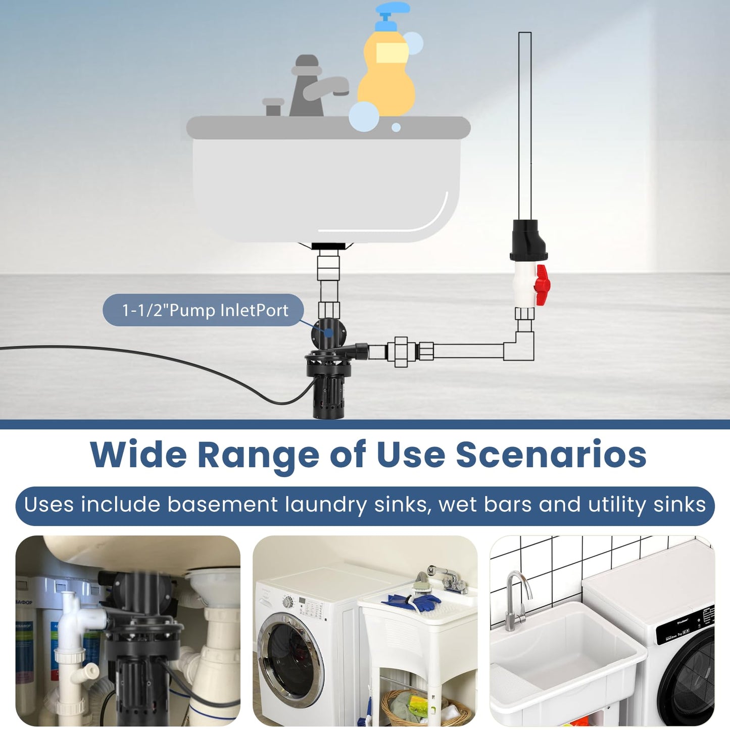 Automatic Utility Sink Pump Installed Directly Under Sink Gravity-free Drainage Heavy-Duty Thermoplastic 115V Includes Drain Screen Check Valve & Ball Valve