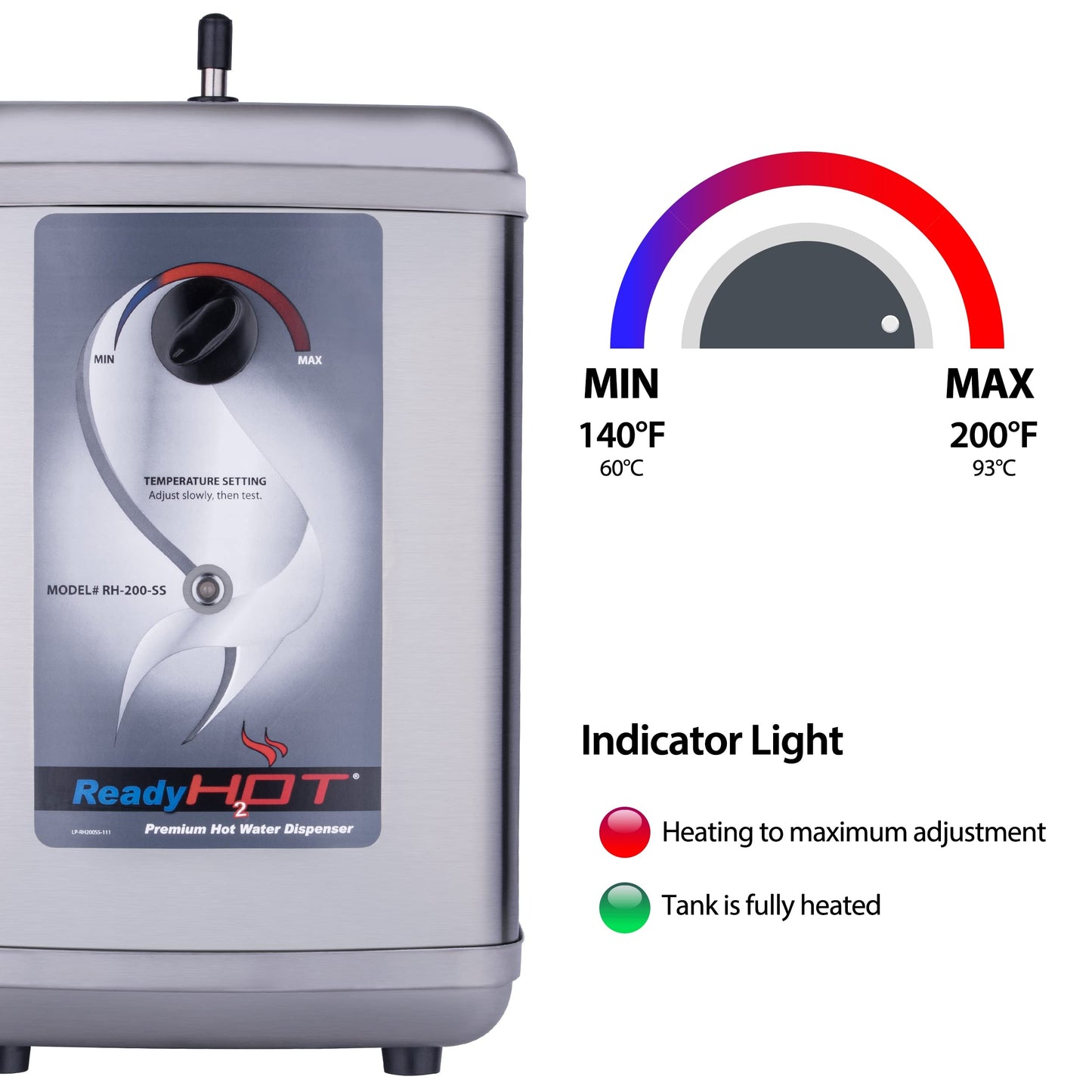 Ready Hot 40-RH-200-SS Instant Hot Water Dispenser System, 2.5 Quarts Manual Dial Tank Only, Stainless Steel