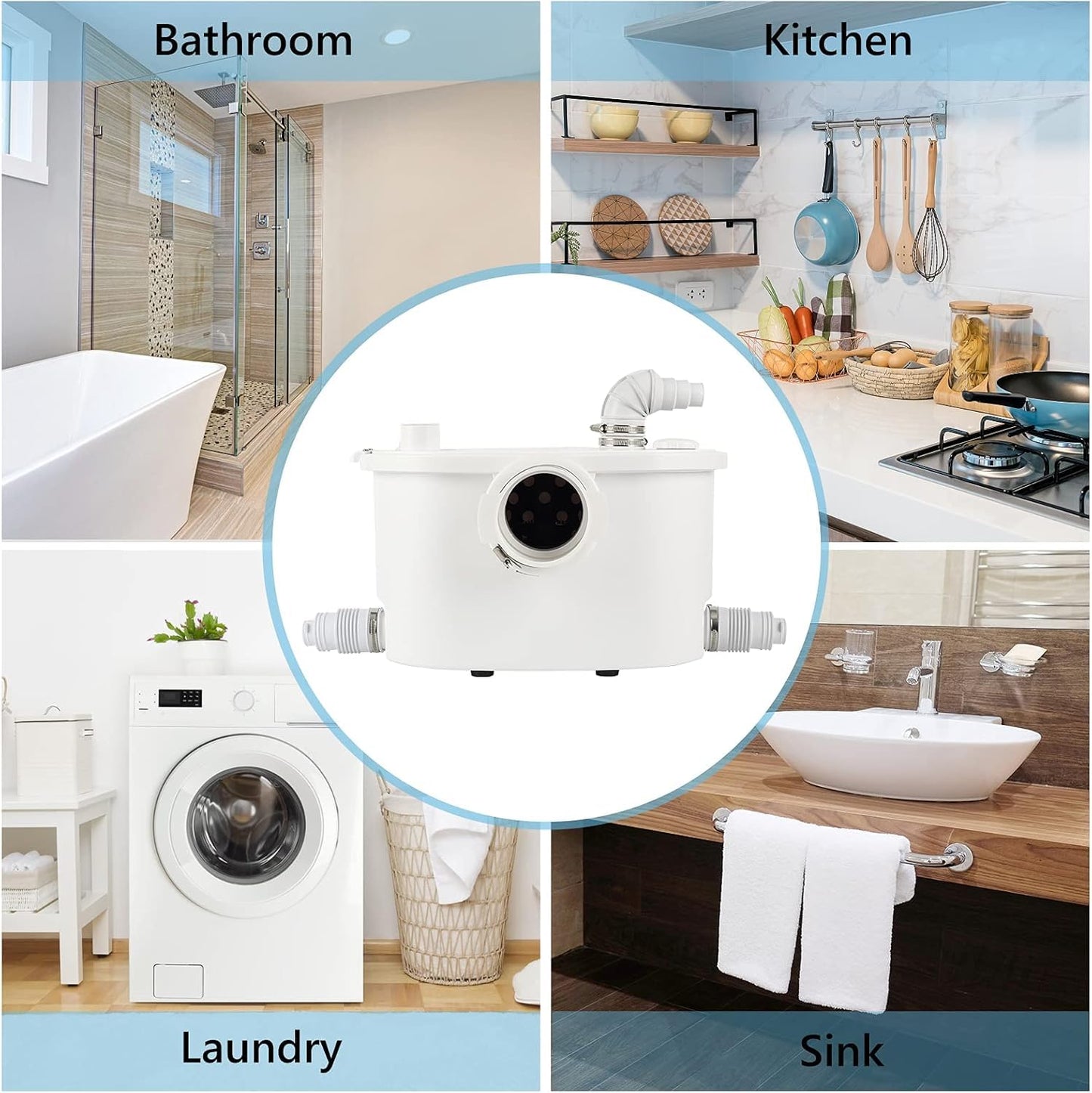 Macerating Toilet with 500W Pump, Two Piece Toilet with Extension Pipe,Elongated Bowl, Toilet Tank with Front Flush Valves, 3 Water Inlets Connect Full Bathroom, Sink, Toilet, Water Disposal