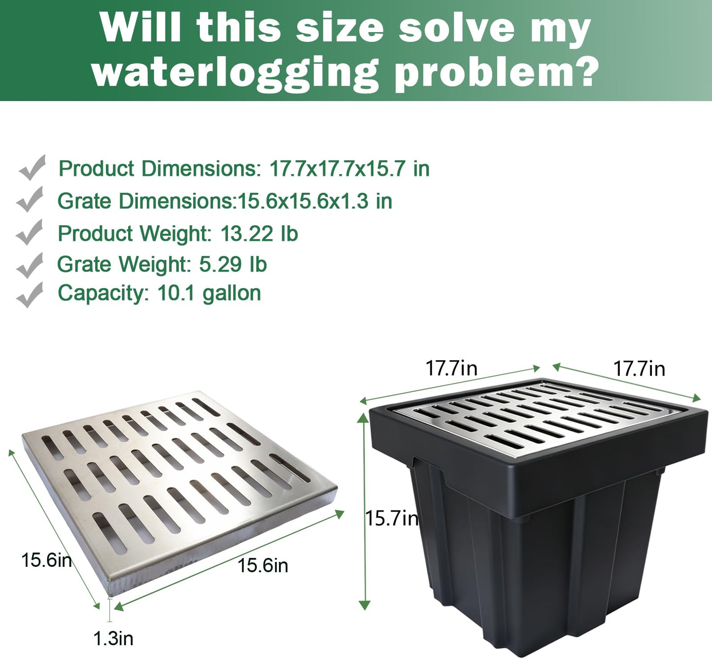 Catch Basin with 304 Stainless Steel Grate,18x18x15in Square Catch Basin for Drainage with Debris Basket, Corrosion Resistant French Drain Basin Without Reserved Hole for Yard, Patio, Downspou, Lawn