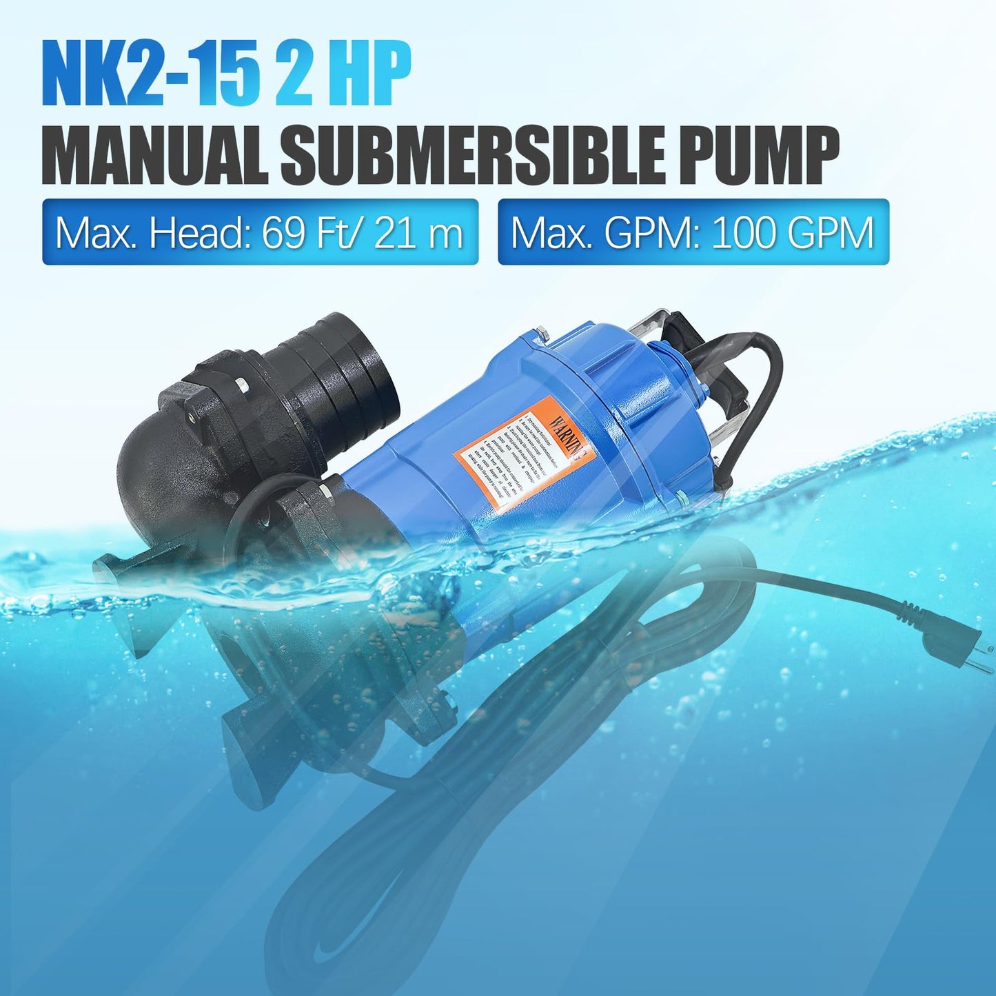 NK2-15 2 HP 110 V 3 in Discharge Electric Submersible Pump Replacement for NK2-15 Sewage Effluent Dewatering Pump Single Phase 110 GPM / 6600 GPH 3420 RPM