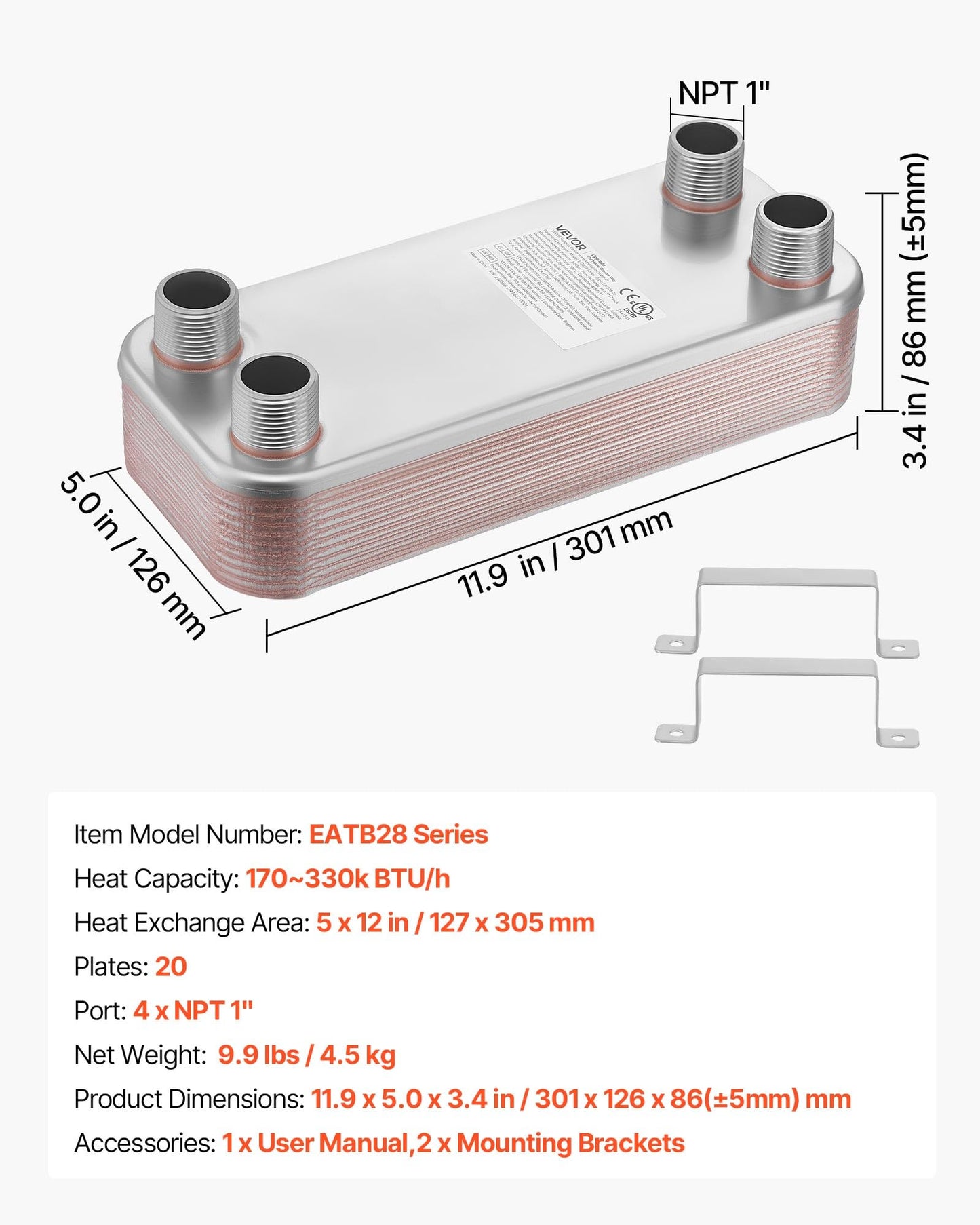 VEVOR Plate Heat Exchanger, 5 x 12 in Brazed Plate Water to Water Heat Exchanger with 20 Plates, Mounting Bracket, Sturdy Stainless Steel Construction, 170-330K BTU for Boiler, Radiant Floor Heating