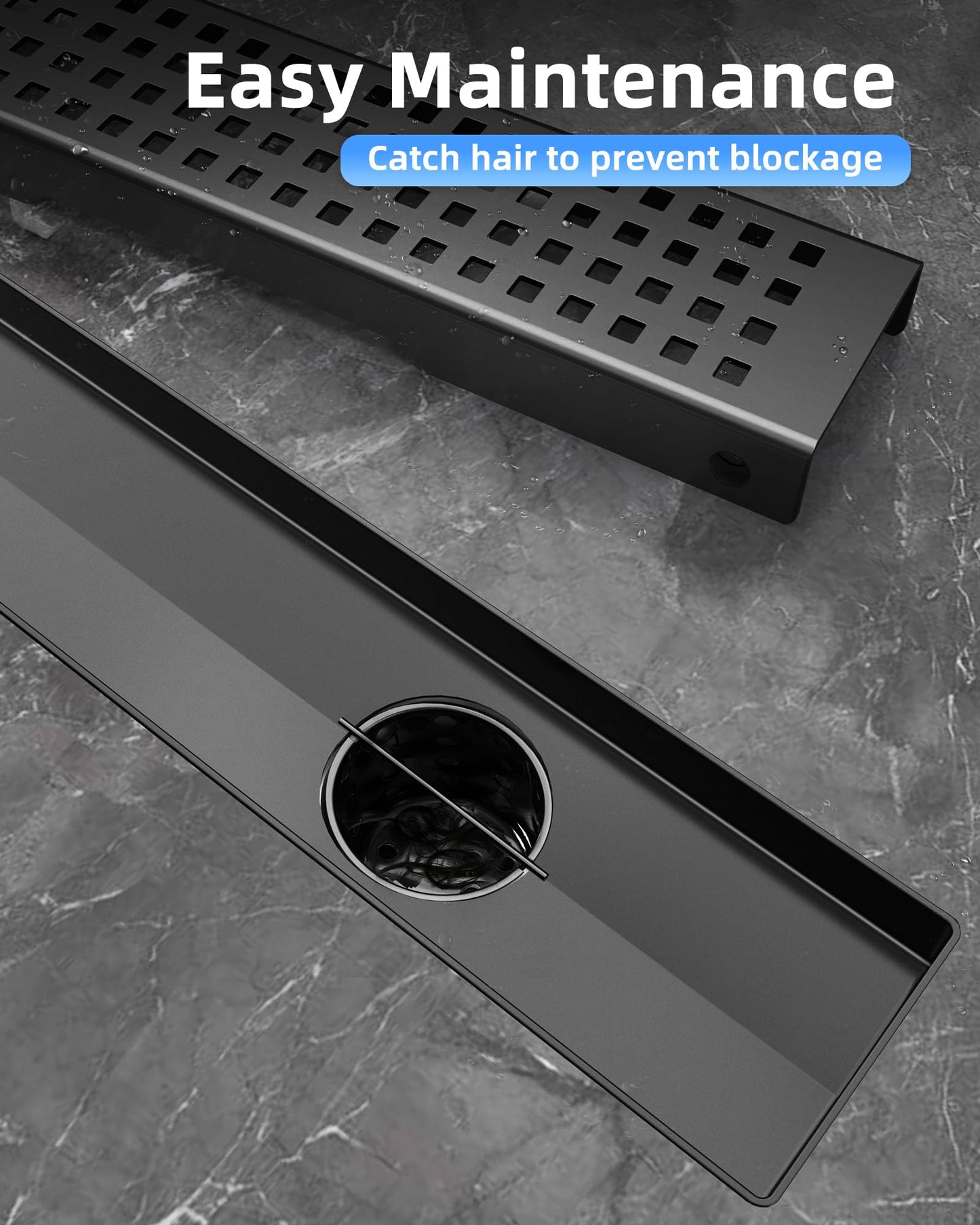 HTOH Shower Drain Offset Outlet for Bathroom: 48-Inch Black Linear Shower Drain with Removable Grate - Modern 304 Stainless Steel Shower Floor Drain Side Outlet with Hair Catcher, Adjustable Feet