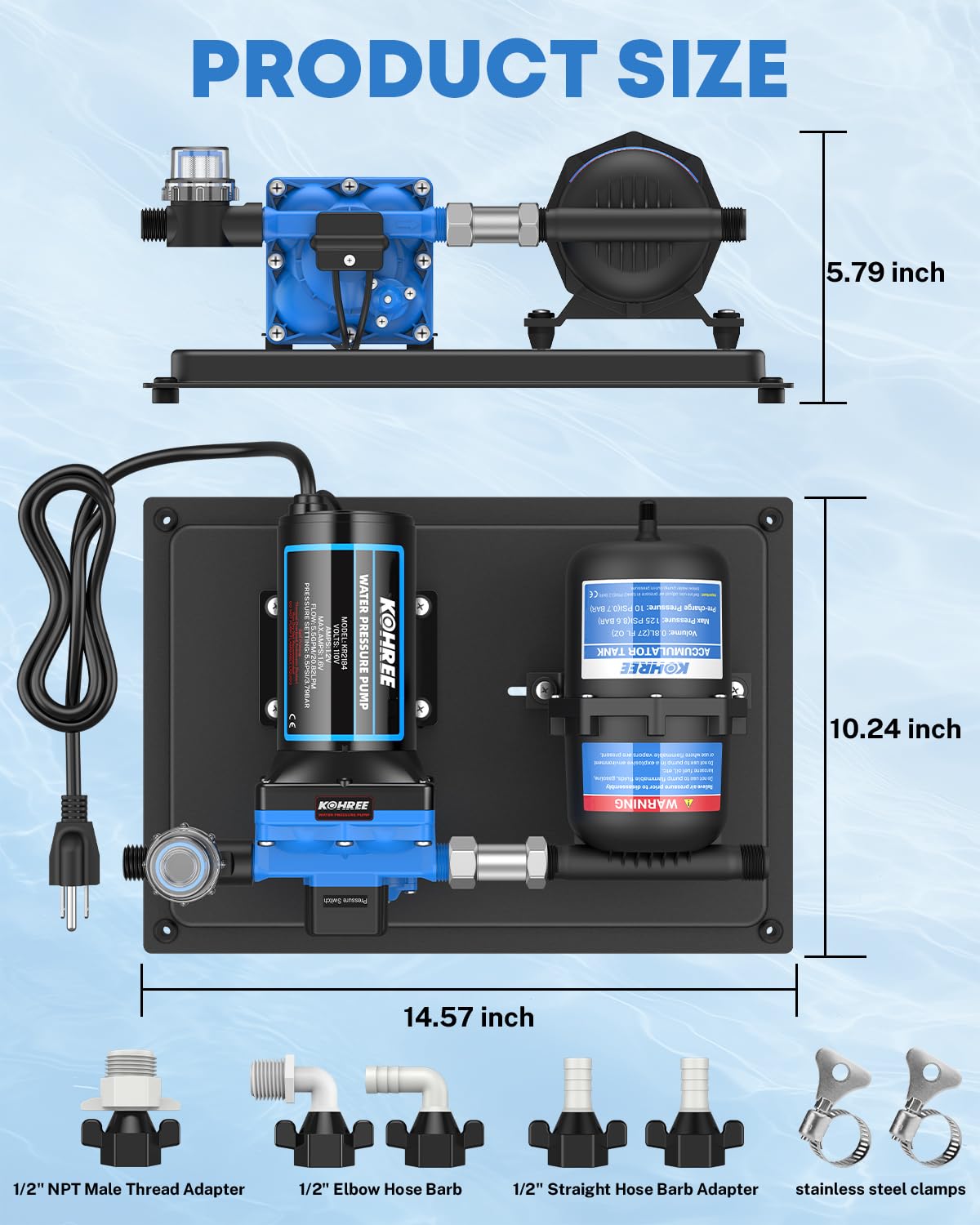 Kohree RV Water Pump 110V AC 5.5GPM 55PSI and 0.75L 125PSI Pre-Pressurized Accumulator Tank, Quiet Water Transfer Pump and Accumulator Tank System for Home Use, RV, Boat, Kitchen, Bathroom, Irrigation