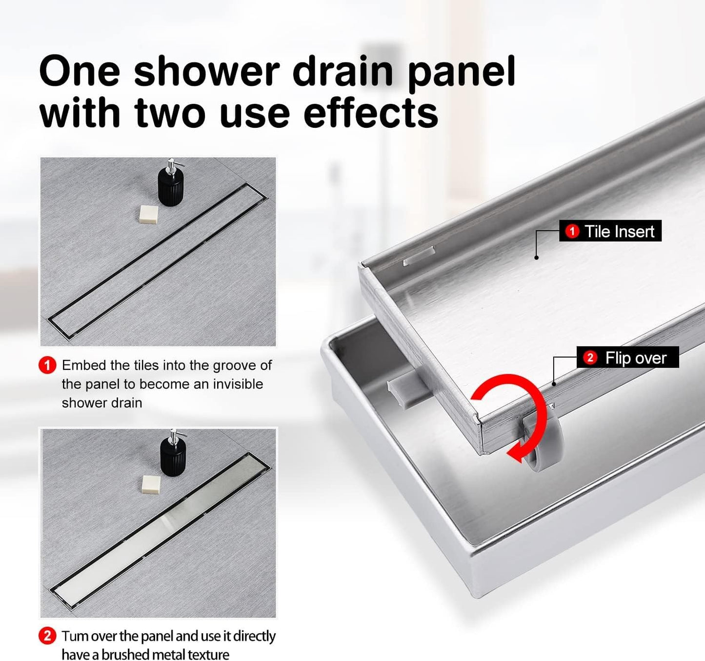 SaniteModar Linear Shower Drain, Shower Drain 60 inch 2 in 1 Tile Insert and Flat Cover, Brushed 304 Stainless Steel Linear Drain with Leveling feet and Hair Strainer