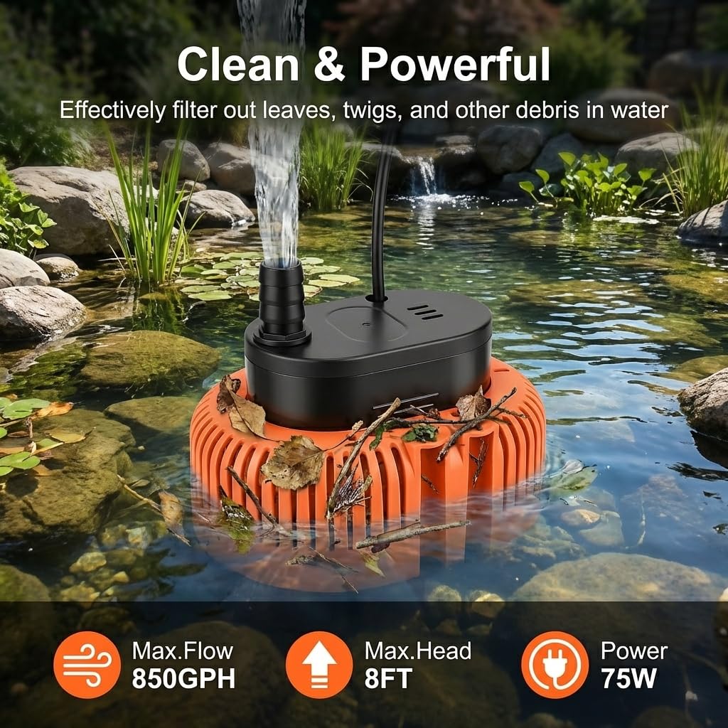 Augicy Pond Waterfall Spillway with LED Lights - 12-inch Stainless Steel Spillway and 850GPH Submersible Pump with Cover for Garden, Ponds, Backyard, Pool