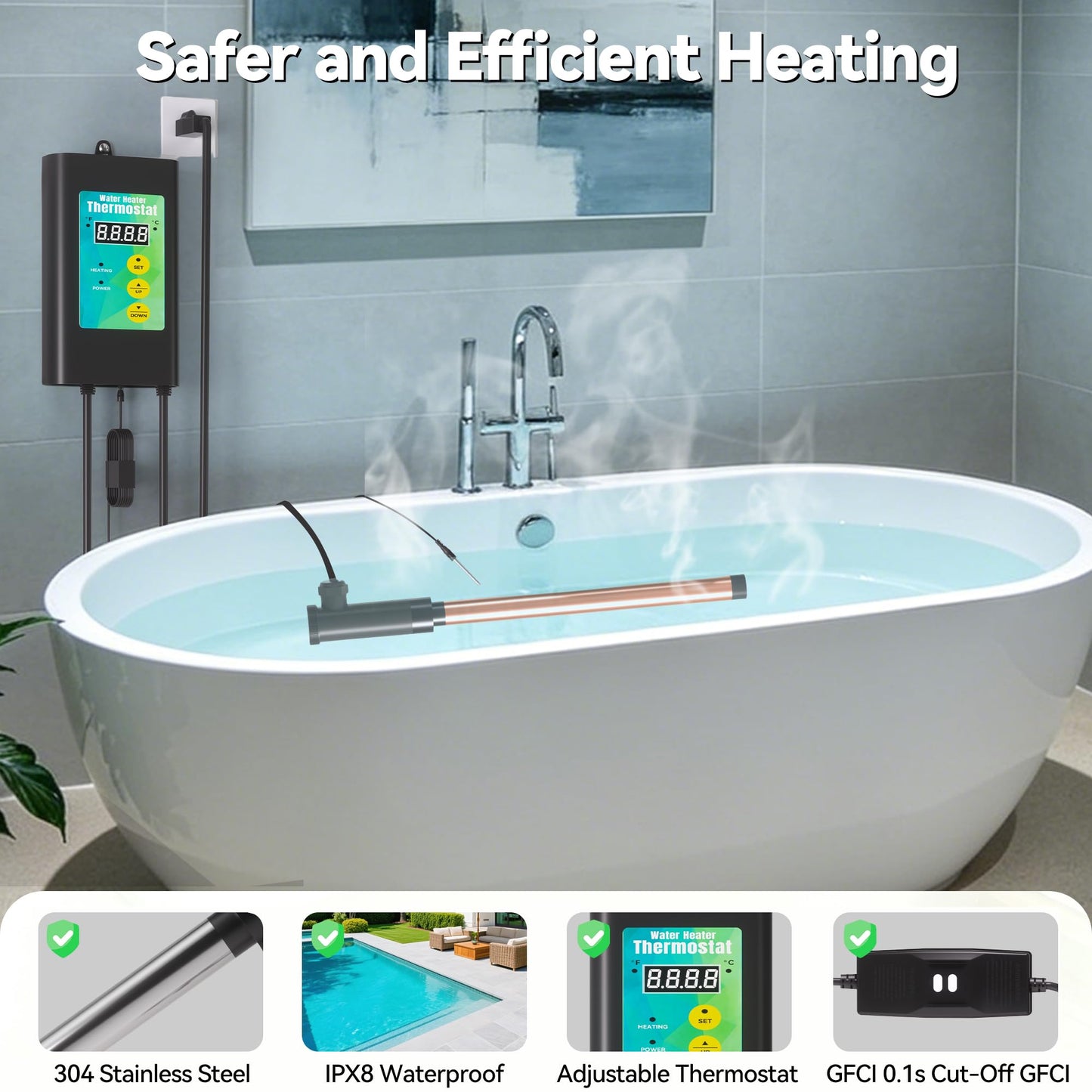 1800W Immersion Heater for Hot Tub, 304 Stainless Steel Submersible Immersion Heater with GFCI & Digital Thermostat, for Bathtub, Home SPA, Camping, Baptistery, Medium Stock Tank, Outdoor Use