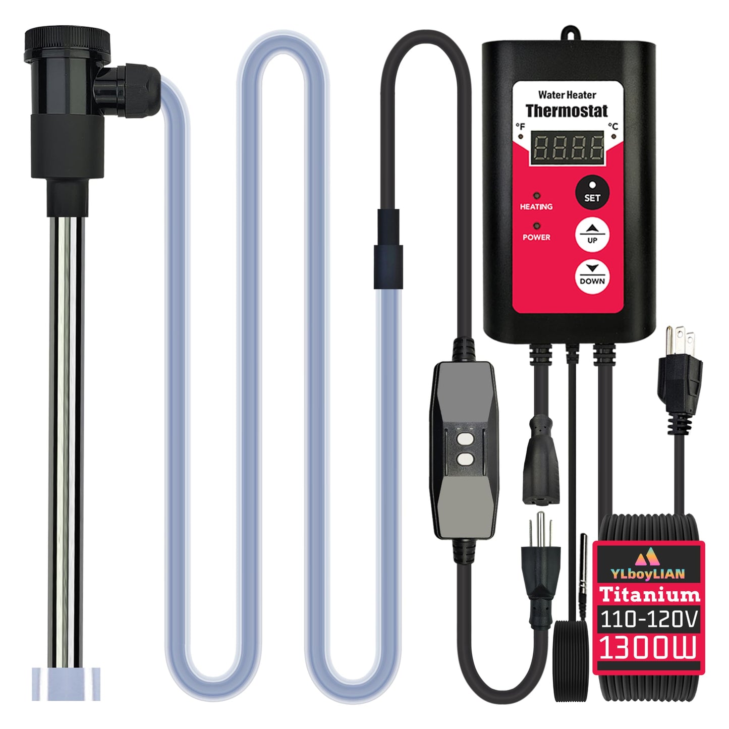 YLboyLIAN 1300W Titanium Immersion Pool & Bathtub Water Heater Portable Electric Submersible Heater with Temp Control & GFCI for Pond, Above Ground Pool, Inflatable Pool, Baptistry, Baptism & Hot Tub