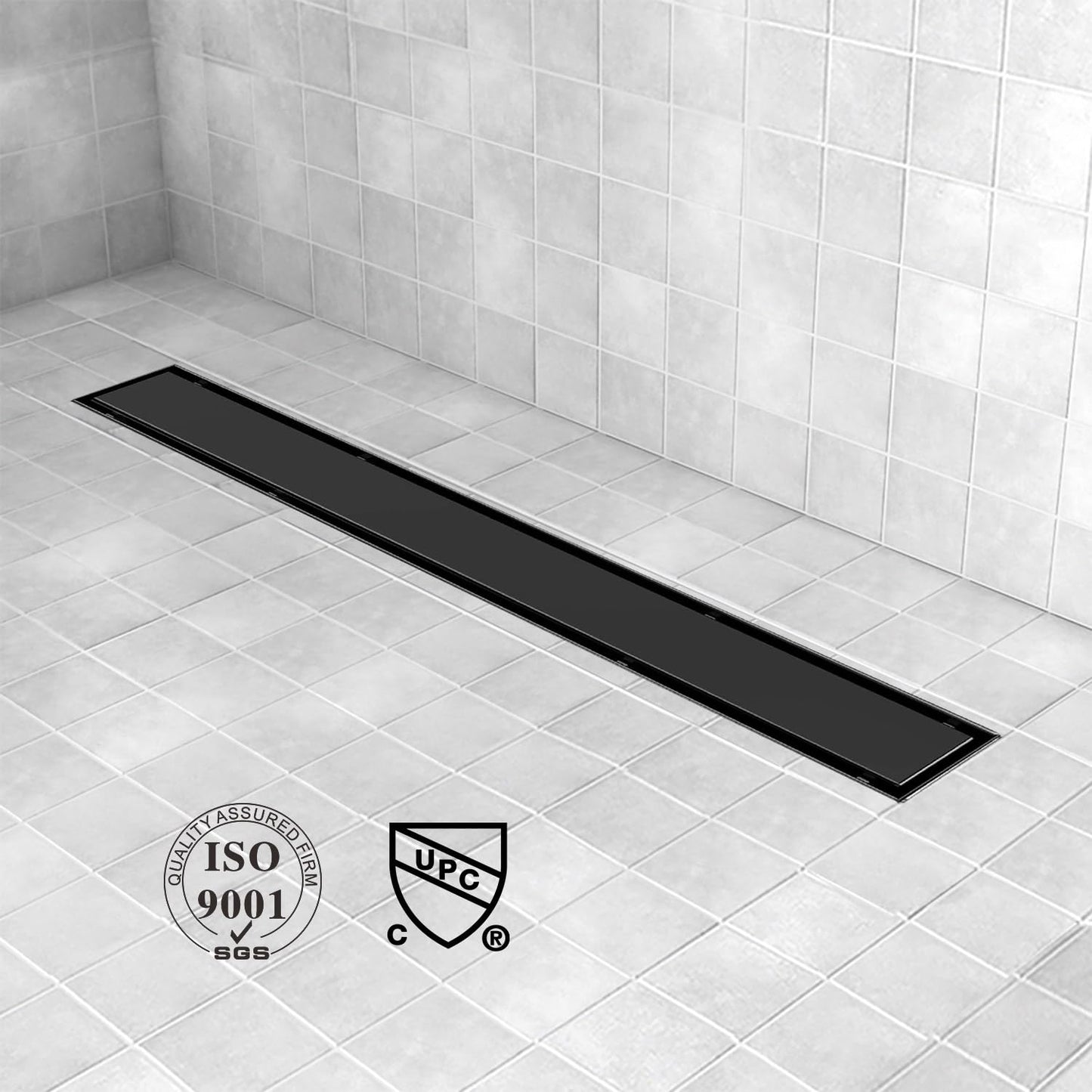 Elefloom Offset Linear Shower Drain, Brushed 304 Stainless Steel Side Outlet Black Floor Drain with Hair Catcher and Adjustable Feet (48 inch)