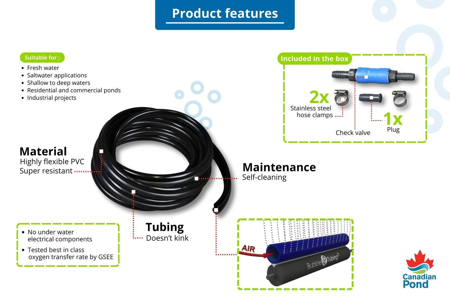 Bubble Tubing (½ in) – Fine bubble self-sinking diffuser airline for pond & water garden aeration | High oxygen transfer, aerates and de-ices ponds, easy installation (100')
