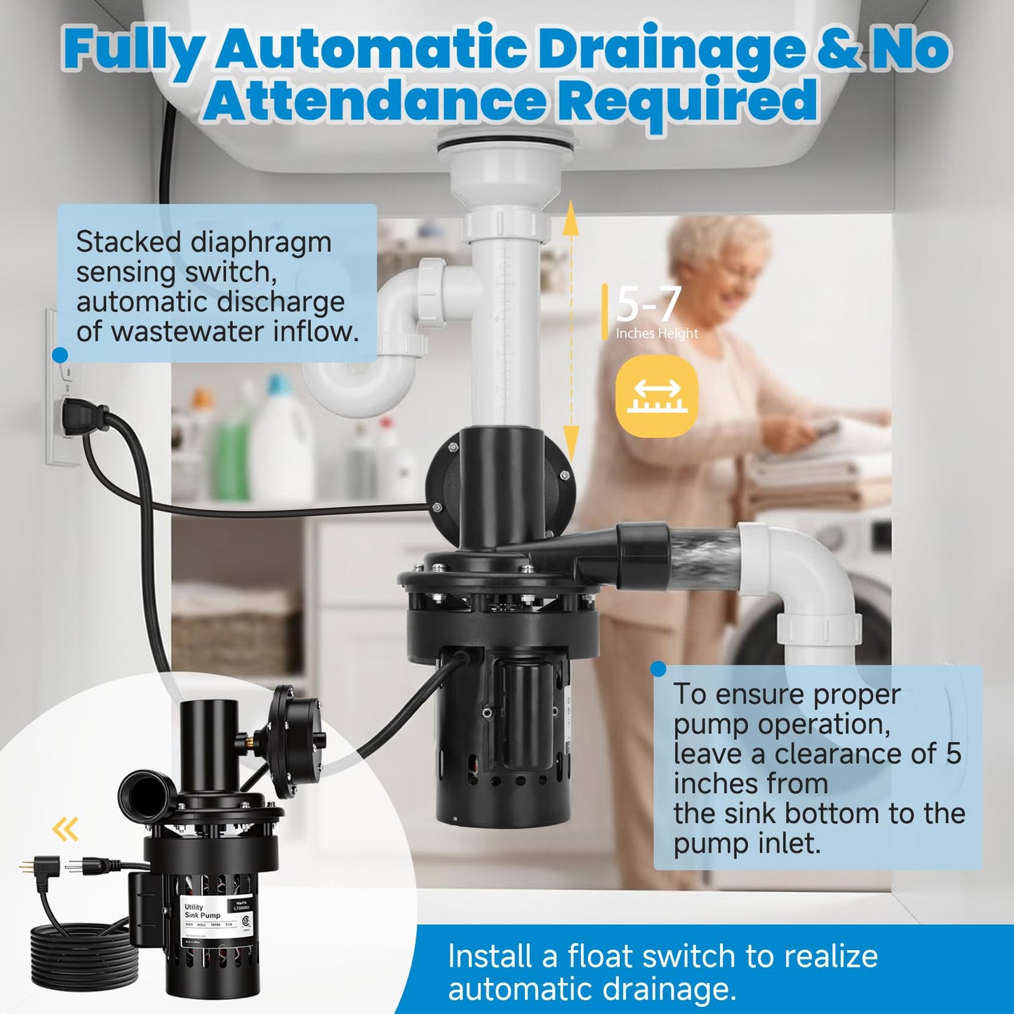 Automatic Utility Sink Drain Pump Directly Installed Under the Sink for Laundry & Basement, 1/3 HP Gravity Free Drainage Sink Pump with Drainage Filter Screen & Check Valve & Ball Valve