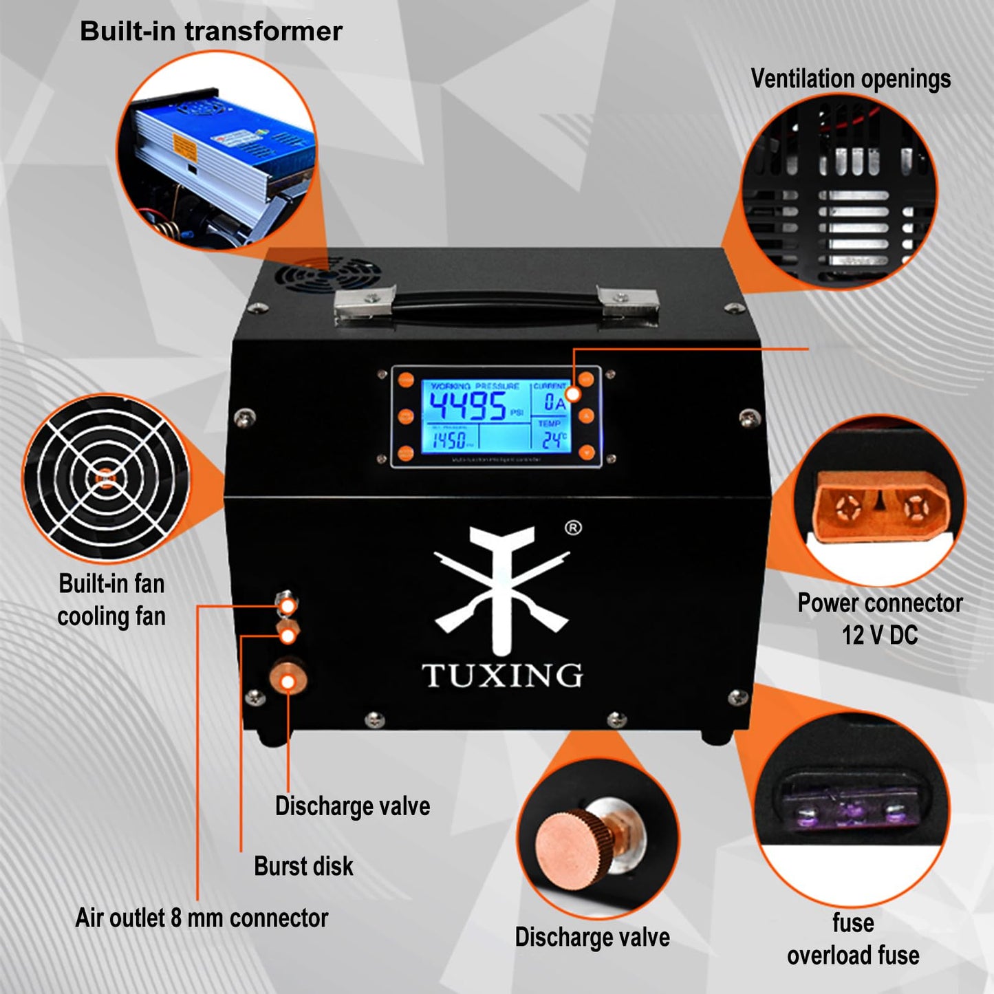 TUXING PCP Air Compressor 4500Psi, Auto-Stop High Pressure Compressor, Equipped with Water Cooling System, Scuba Diving Tank Pcp Air Rifles Charging 110V (‎TXET063)