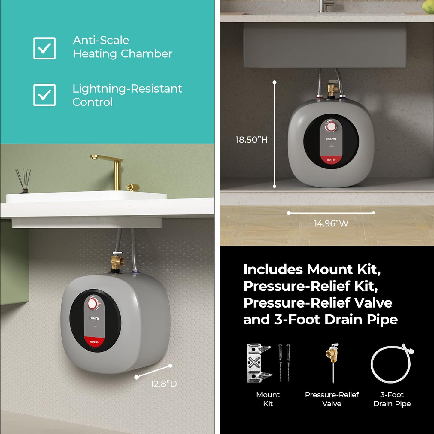 FOGATTI Electric Mini Tank Water Heater, 4.0 Gallon Point of Use Instant Hot Water Heater 120V 1440W, Food Truck Water Heater, Under Sink, Wall or Floor Mounted, Easy to Install