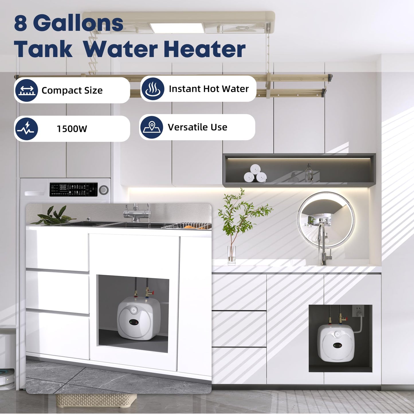 YALICE Electric Tank Water Heater, 8 Gallons Under Sink Instant Hot Water Heaters, 1500W, 110-120V, Electric Mini Tank Water Heater Compact Design for RV, Kitchen, Food Truck, Wall or Floor Mounted