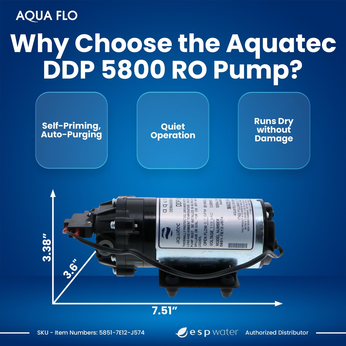 Aquatec DDP 5800 RO Delivery Demand Pump, 0.7 GPM, 3/8-Inch Quick Connect, 120V – High Flow Rate, Durable, Compact, Quiet, Compatible with Most Tank-Based Reverse Osmosis Systems 5851-7E12-J574