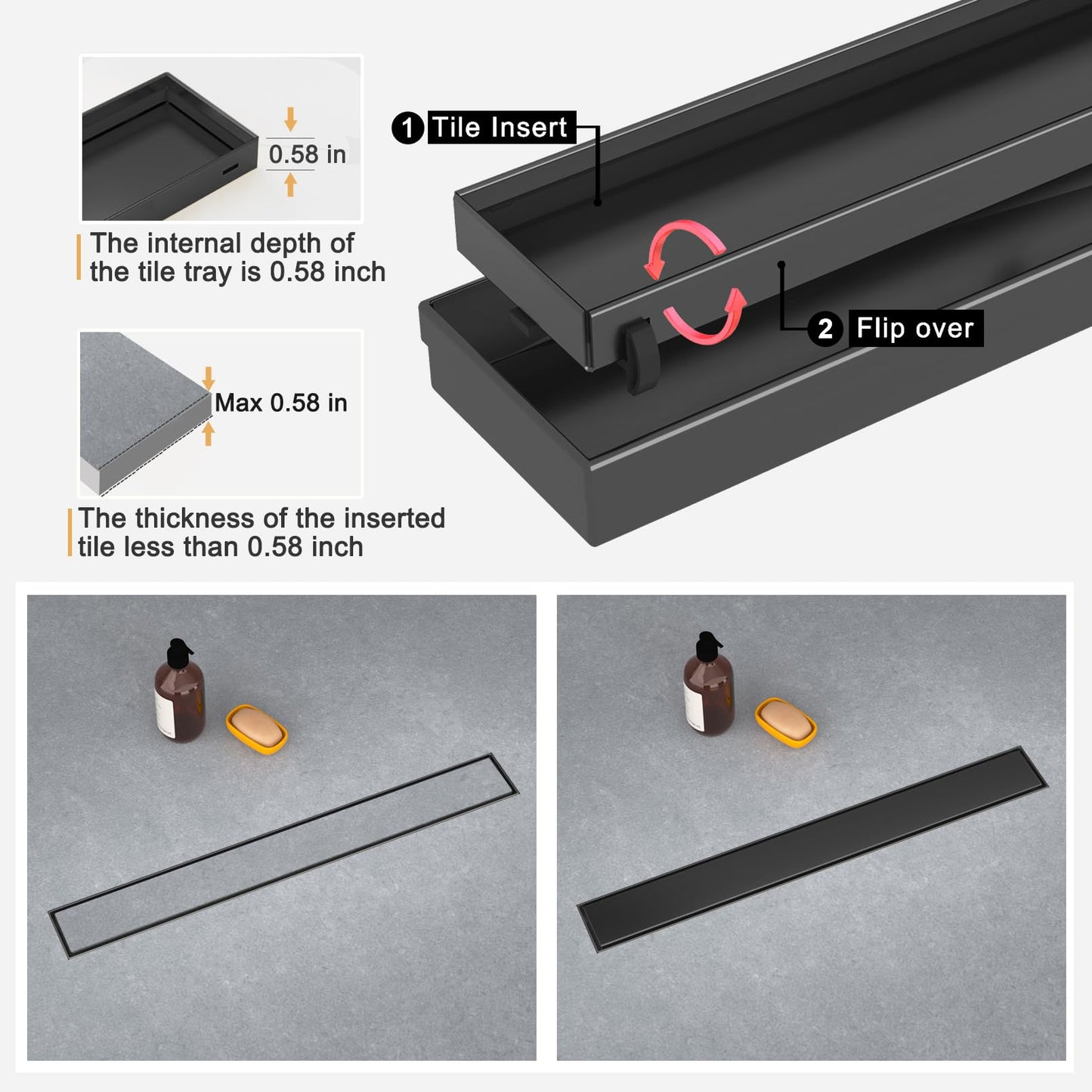 EBYTE Linear Shower Drain, 48 Inch Matte Black 304 Stainless Steel Shower Drain with Tile Insert Panels, Long Rectangle Shower Floor Drain with Adjustable Feet, Hair Catcher, Fits Bathroom, Balcony