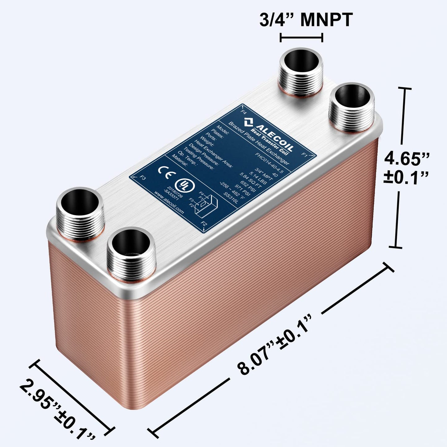 3"x8"-40 Plates Heat Exchanger with 3/4" MPT Port Water to Water 316L Stainless Steel Brazed Plate Heat Exchanger for Water Heating, Floor Heating, Industrial and Commercial Refrigeration