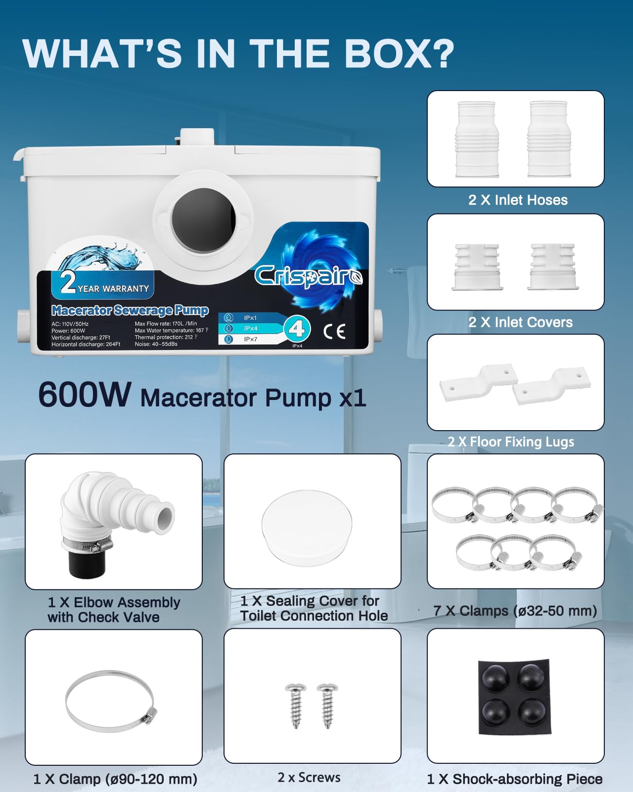 Crispaire 600W Macerator Sewerage Upflush Pump - 33Ft/328Ft, 170L/Min Flow for Basement Toilet, Sink, Shower, Kitchen, Laundry - 4 Water Inlets, Residential, 110V CE