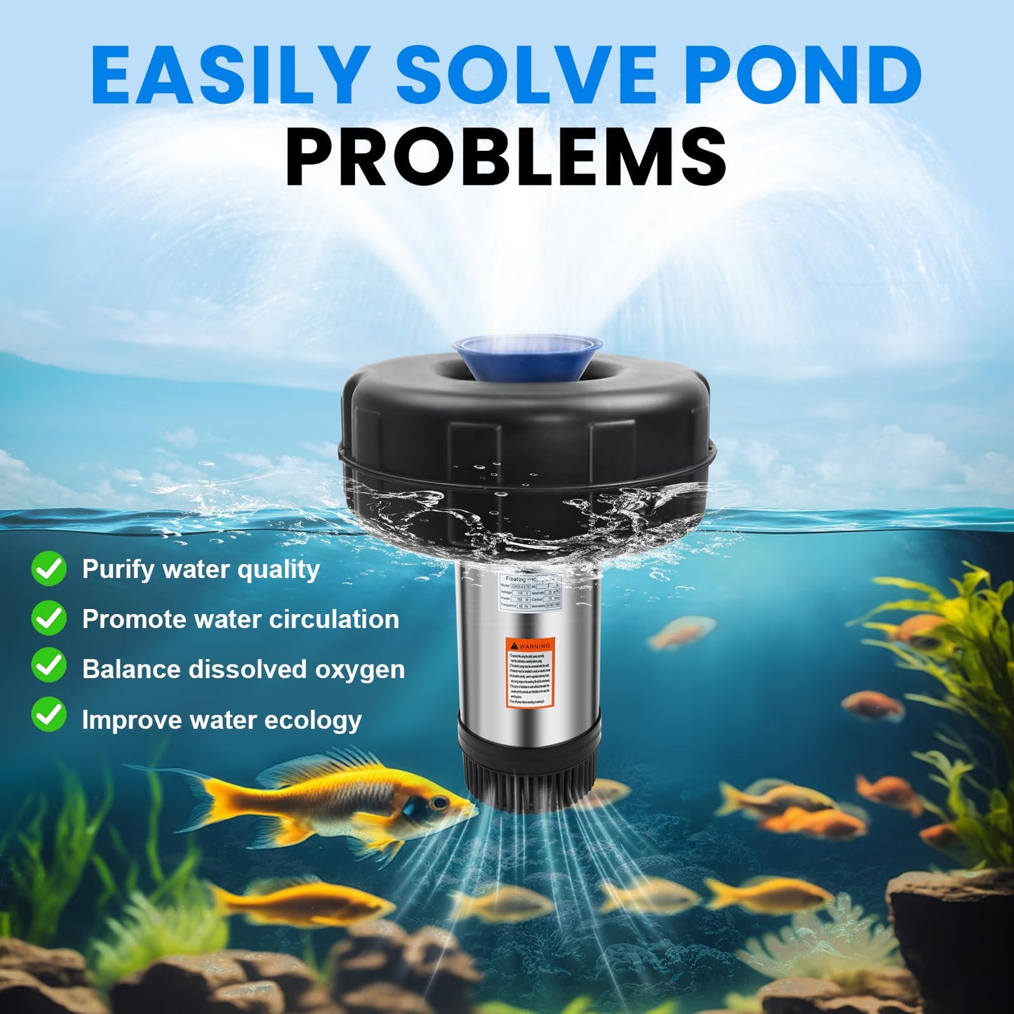 15000 GPH Pond Fountain Aerator-110V Fully Automatic 750W (1HP) Fountain and Pond Aerator. Pond Fountain with 100 ft Power Cord. (Stainless Steel)