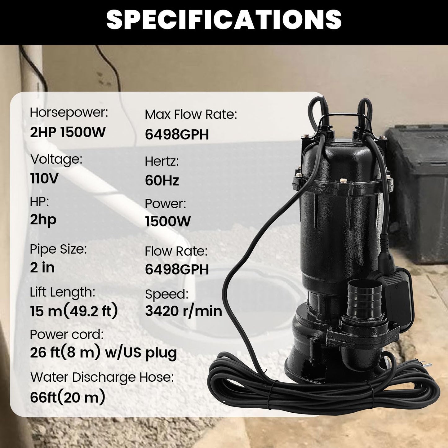 Yutmatin 2HP 110V Sewage Grinder Pump W/Blades, 6498GPH Cast Iron Effluent Pump W/ 66ft Hose and Automatic Float Switch, 1500W 2'' NPT Discharge, For Sump Basin, Basement, Residential Sewage