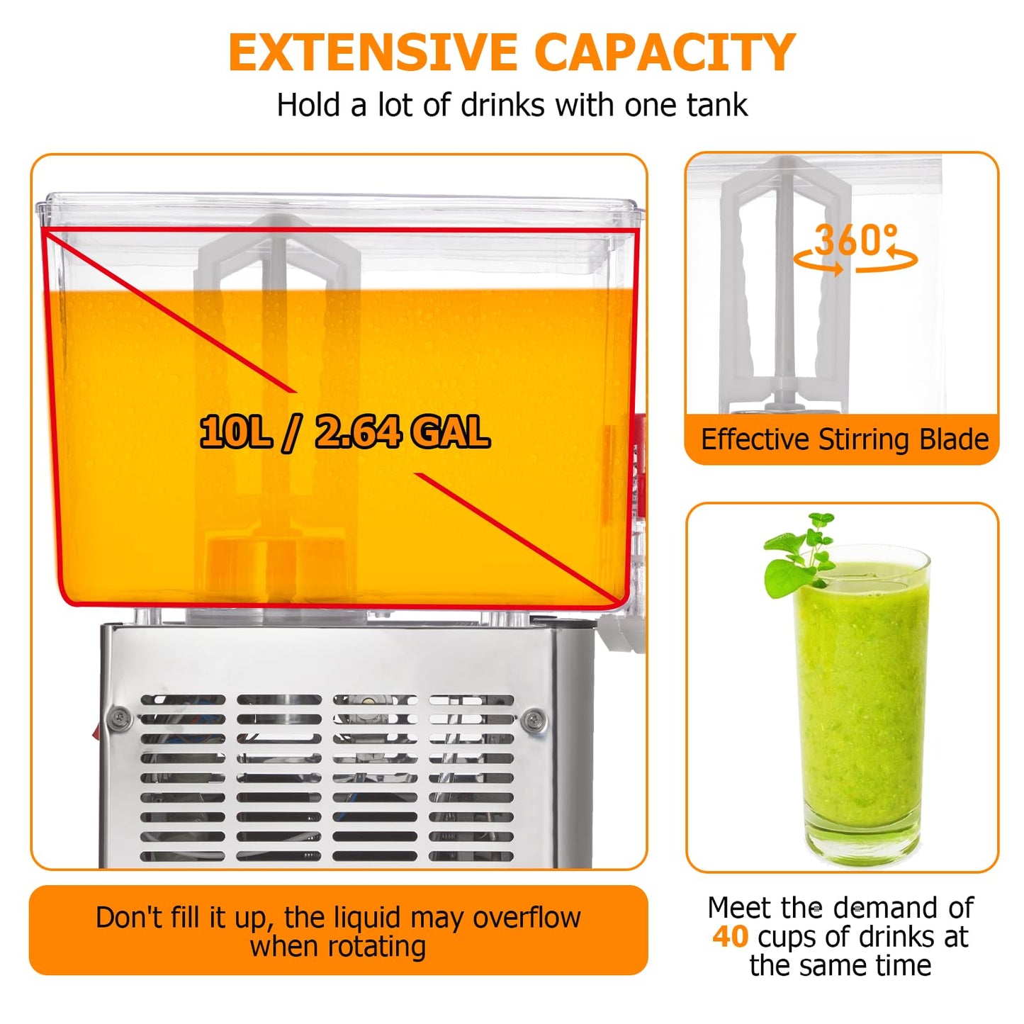 Commercial Beverage Dispenser, Towallmark 1 Tanks 2.64 Gallon 10L Commercial Juice Dispenser, 10 Liter Per Tank, 180W Stainless Steel Food Grade Ice Tea Drink Dispenser with Thermostat Controller