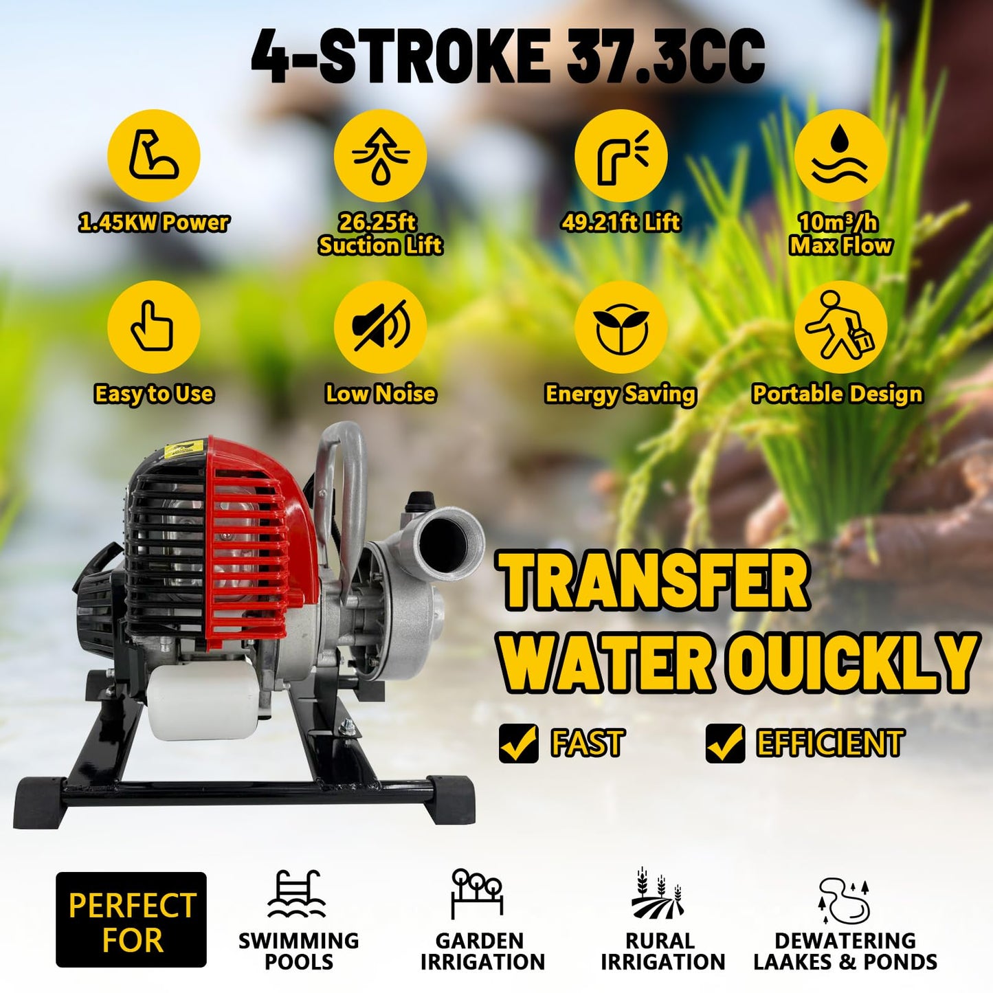 DEVALLEY Gas Water Pump 1.5 Inch 4 Stroke,31cc Gas Powered High Pressure Pump 98ft Lift And 23ft Suction,Trash Water Pump Irrigation Pump For Farmland Garden