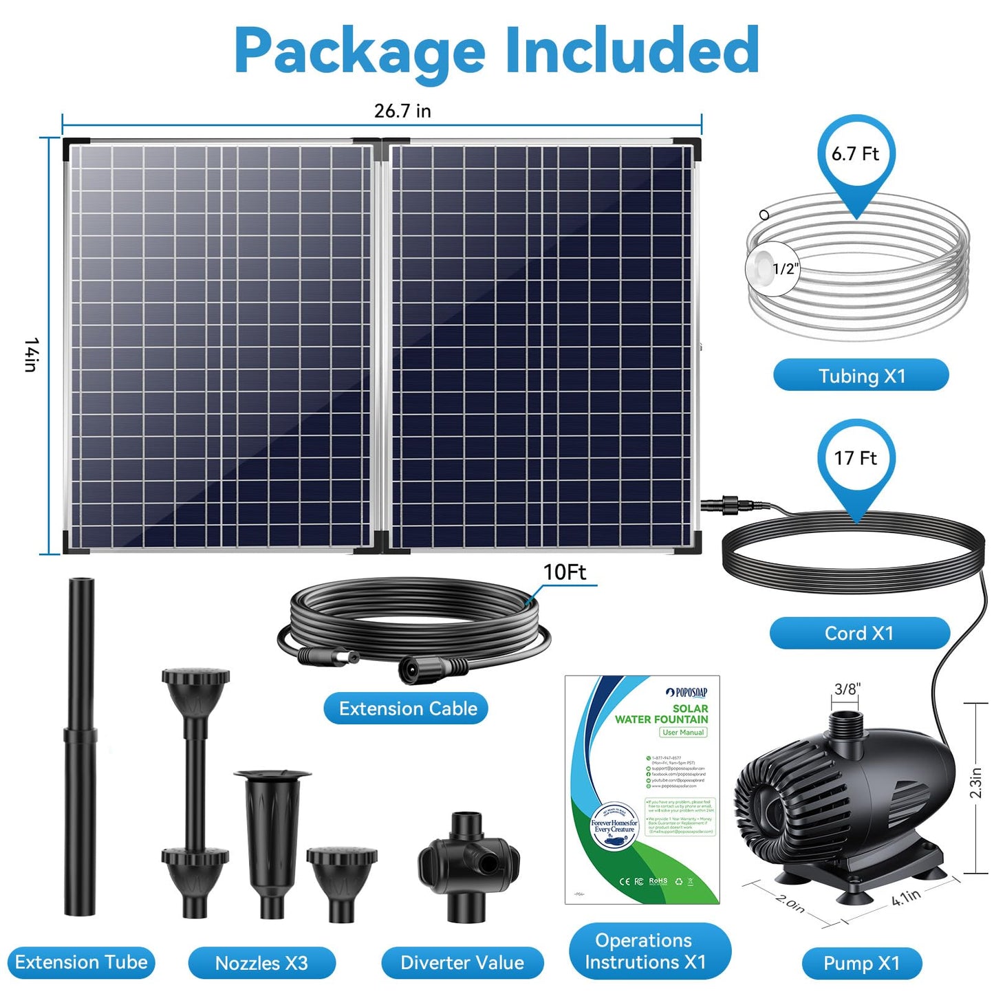 POPOSOAP 55W Solar Fountain Pump for Outdoor Pond, 480GPH Solar Pond Pump with Dry-Run Protection, Solar Powered Water Pump with PVC Tubing, 17Ft Cord for Ponds, Garden, Waterfall, Hydroponics