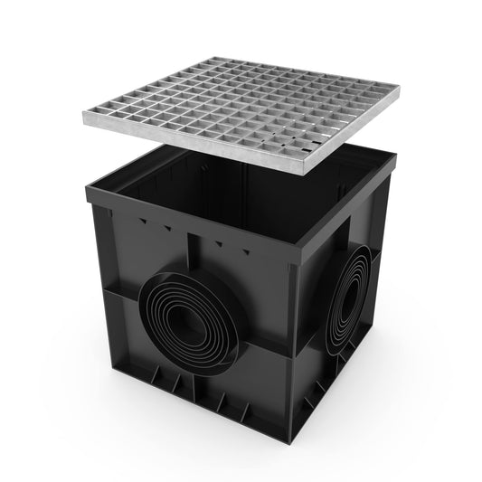 Vodaland - 16x16 Inch Catch Basin. PPE Plastic with Galvanized Stamped Steel Grate and Sediment Basket Included.