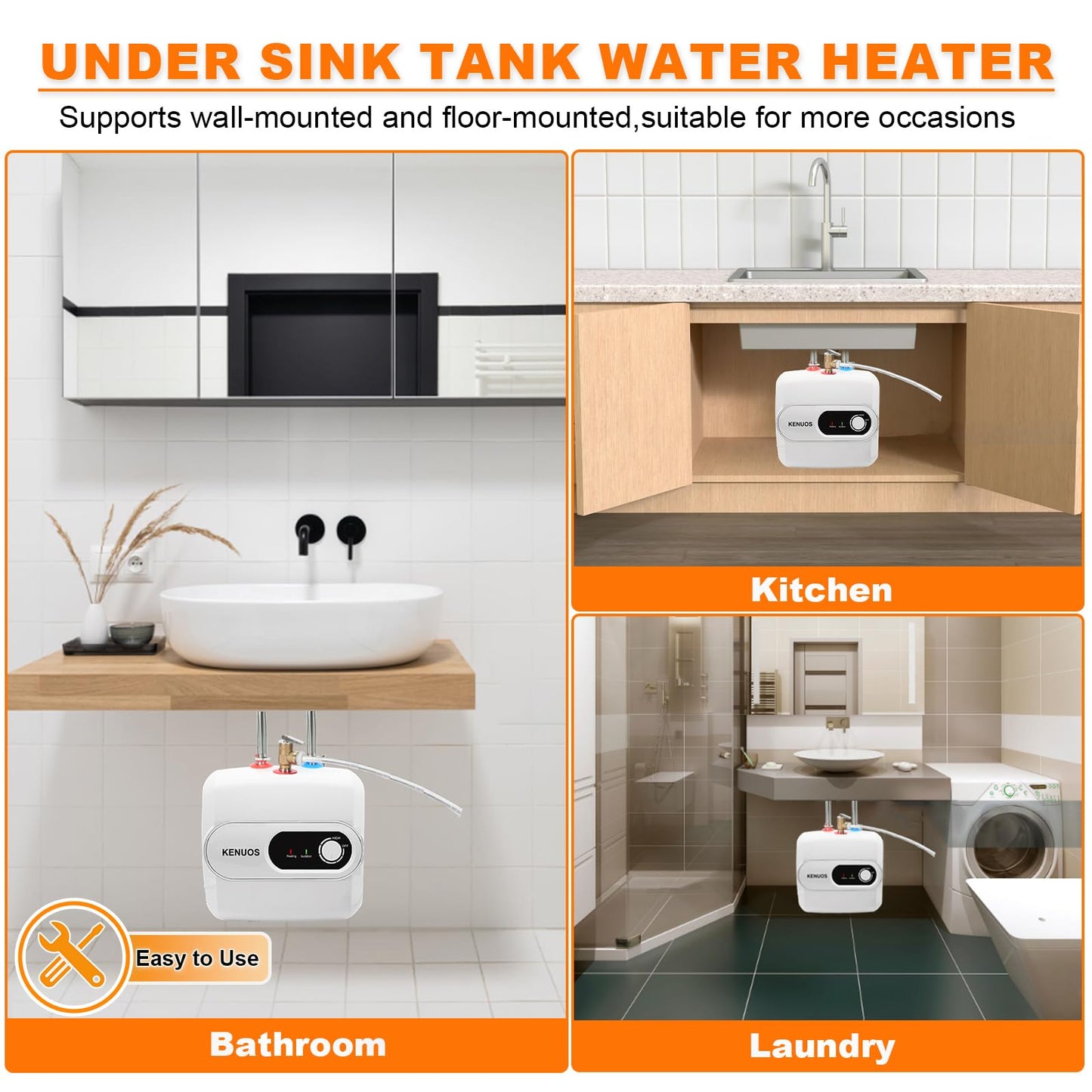 KENUOS 4 Gallon Water Heater Under Sink Instant Hot Water Heaters 1500W 110V 120V Mini Tank,Under Counter Water Heater with Safety Vavle 1/2" NPT for Kitchen,Bathroom,Camper,RV,White