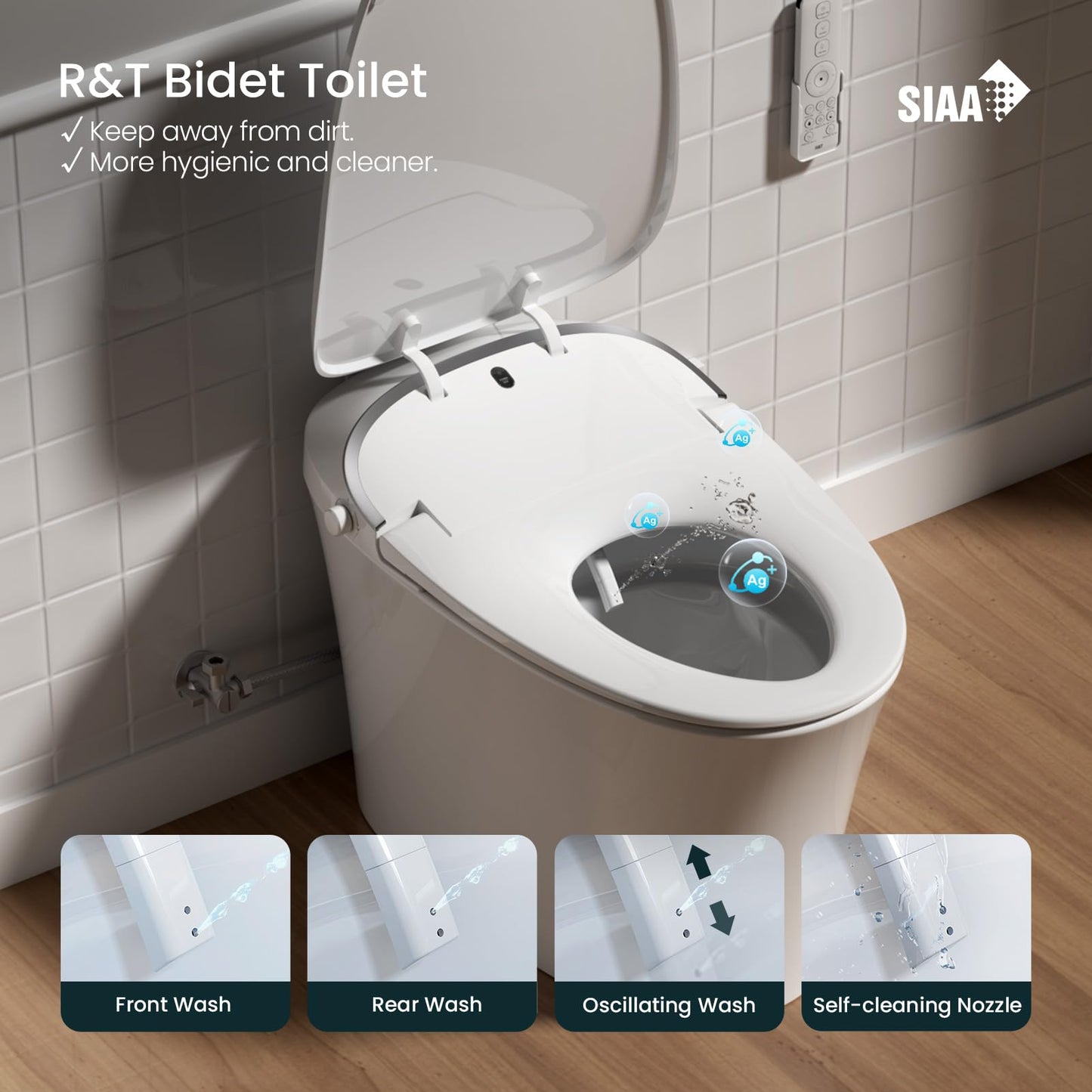 R&T C2 Smart Toilet with Tank, One-Piece Bidet Toilet, Blackout Flush, Auto Open & Flush, Foot Sensor, Remote Control, Heated Seat, Warm Water, Air Dryer, Night Light & Deodorizer