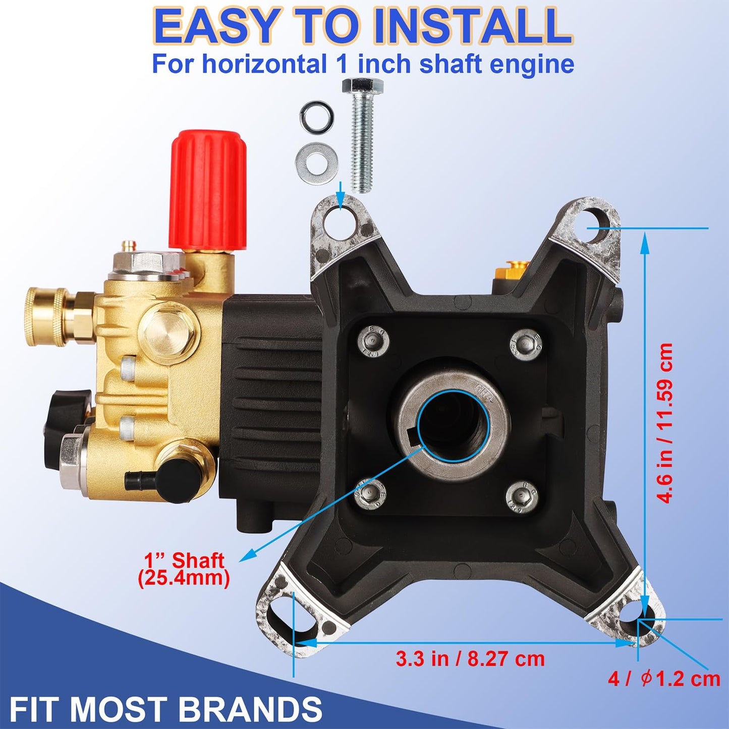 Biswing Pressure Washer Pump, 1" Shaft Horizontal Triplex Plunger, 4400 PSI Max, 4 GPM, Direct Drive Pump with Adjustment Unloader, Replacement Pumps for Cold Water Gas Power Pressure Washer