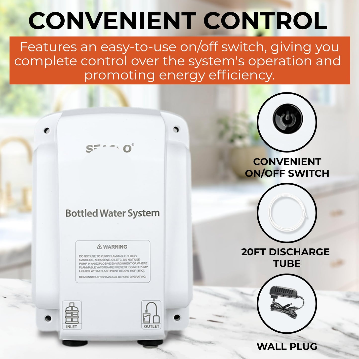 SEAFLO Bottled Water System - Convenient On/Off Switch, 20ft Discharge Tube, Wall Plug