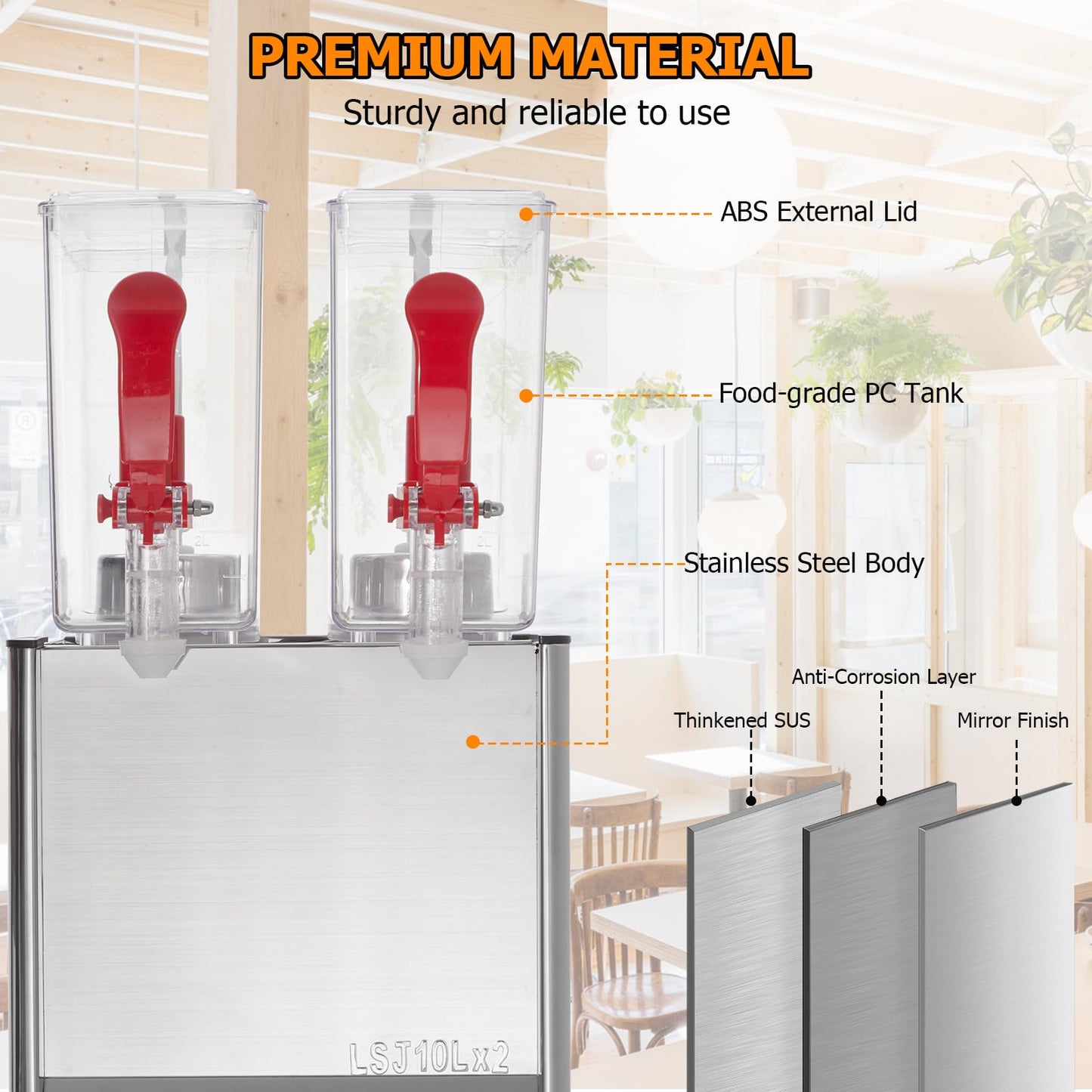 Commercial Beverage Dispenser, Towallmark 2 Tanks 5.28 Gallon 20L Commercial Juice Dispenser, 10 Liter Per Tank, 280W Stainless Steel Food Grade Ice Tea Drink Dispenser with Thermostat Controller