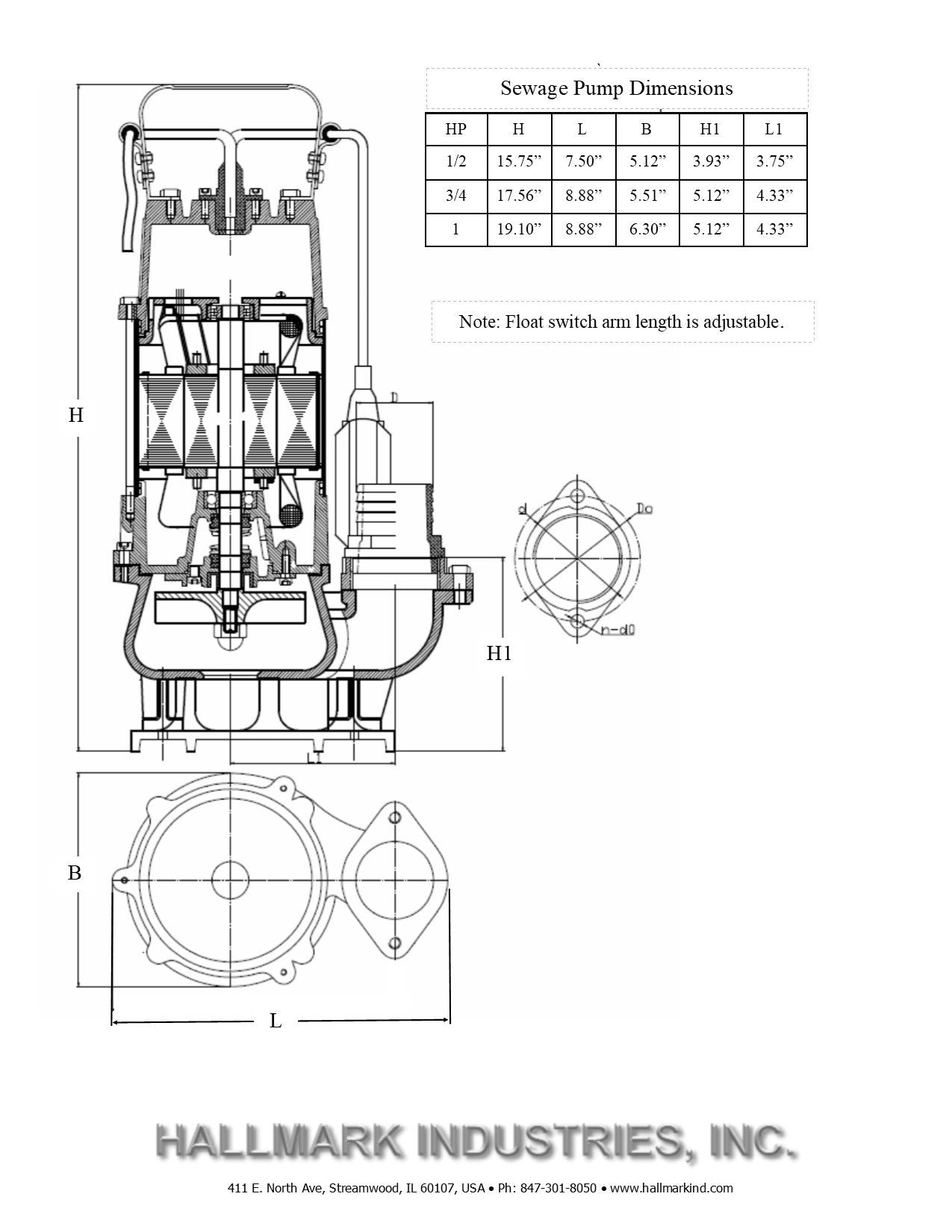 Sewage Pump, S.S, 3/4HP, 230V, 38' head, 5600gph. 20' Cable, Heavy Duty