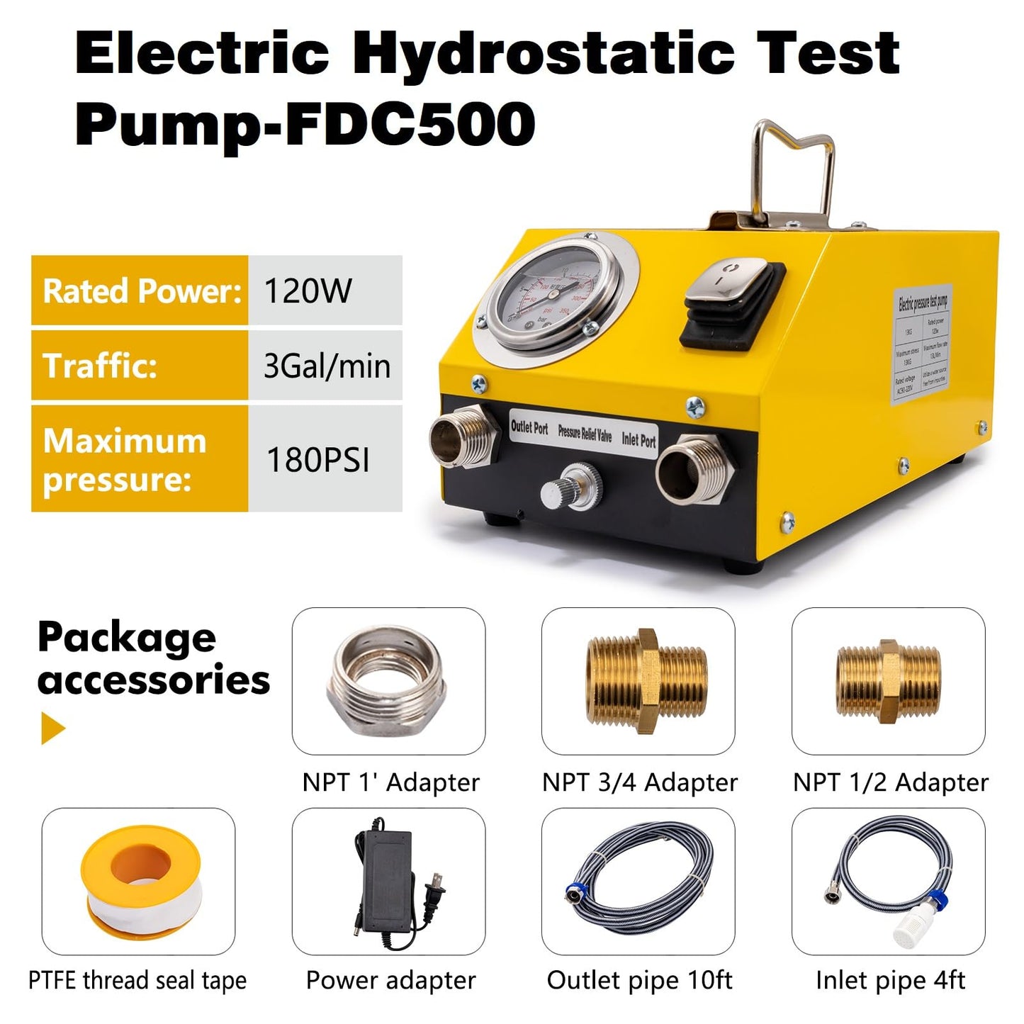 SANTANTOOOL FDC500 Electric Hydrostatic Test Pump, Water Pipe Leakage Pressure Tester,180PSI,3Gal/min,Electric Water Pressure Test Pump 110V,