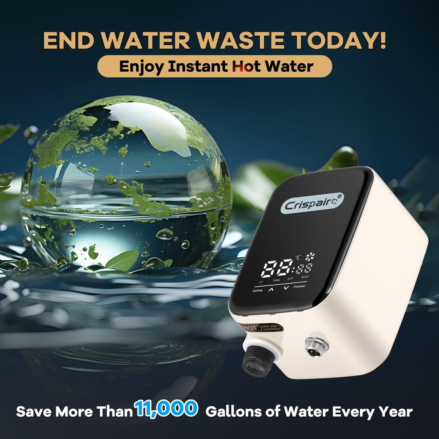 Crispaire Digital Smart Instant Hot Water Recirculating Pump Kit - Touch Screen Control, Under Sink Installation, 20" PEX Supply Line for Potable Water, Complete All-in-One Plumbing Solution