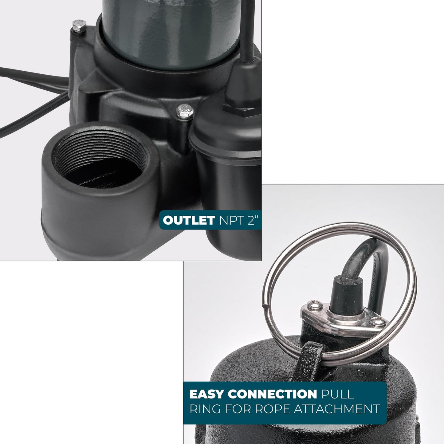 XtremepowerUS 1/2HP, 4860 GPH Larger-Flow Cast Iron Submersible Sump Sewage Pump with Tethered Float Switch, 10 ft. Cord Water Drain