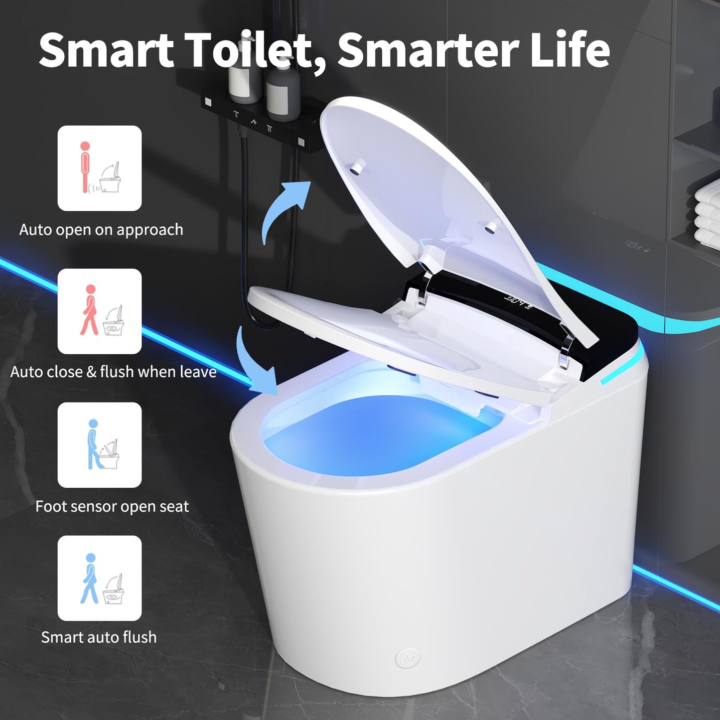 Smart Toilet with Bidet Built in, 360° Siphon Auto Flush & Automatic Lid, One Piece Toilet for Bathrooms with LED Display, Heated Seat, Warm Water, Dryer, Foam Shield, Night Light, 12" Rough-in