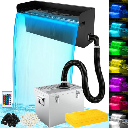 VCRAZE All-in-1 Pond Waterfall Kit with LED Light, 18-inch Stainless Steel Spillway with 800GPH Pump Filter Box, 3-Stage Filtration Outdoor Waterfall for Water Feature, Garden, Backyard, Pool