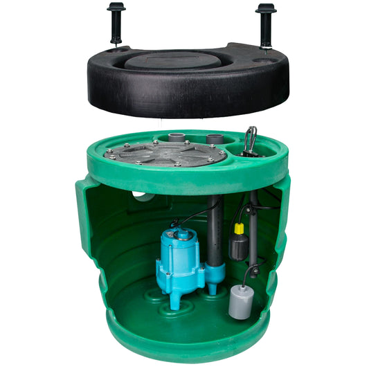 Little Giant 9JF2V2DA1 Pit Plus JR Sewage Basin System with 115V, 4/10 hp, 6000 gph 9SC-CIM Sewage Pump, Float Switch with 20-Ft. Cord, 2-In. Vent/Discharge,and Alarm, Green/Blue/Black, 509674