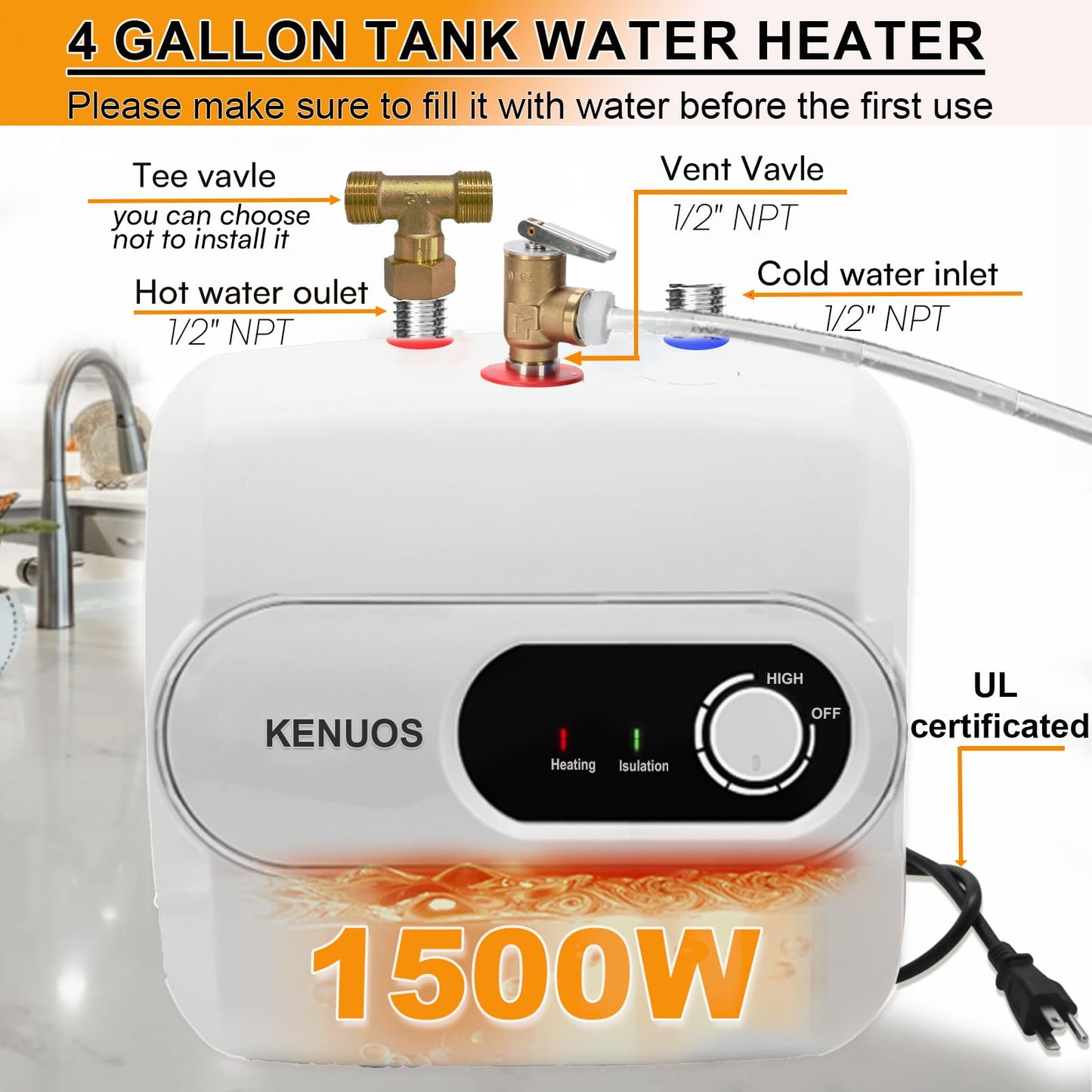 KENUOS 4 Gallon Water Heater Under Sink Instant Hot Water Heaters 1500W 110V 120V Mini Tank,Under Counter Water Heater with Safety Vavle 1/2" NPT for Kitchen,Bathroom,Camper,RV,White