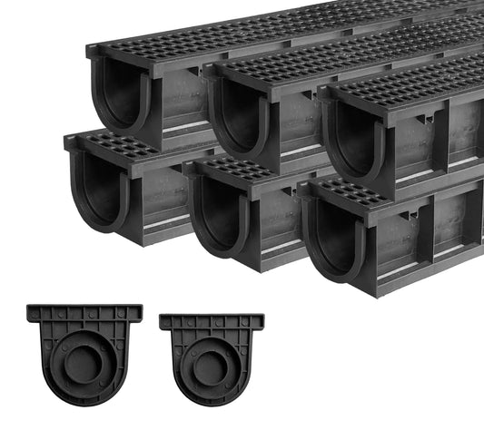 Natotela A15 Deep Profile HDPE Trench Drain-39.4Lx6.1Wx5.5H in. Channel Drain with Grates,6 Pack Total Length 236.22 in, Plastic Yard Drainage System for Outdoor,Yard Fence,Pool,Sidewalk,Patio