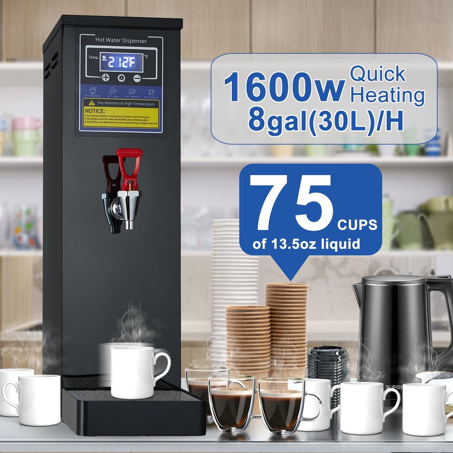Commercial Hot Water Dispenser Commercial Water Boiler Electric Countertop Hot Water Machine Black 30L(8GAL)/Hour Step-heating Temperature Control 86-212°F for Boba Tea Coffee Office Restaurant 1600W