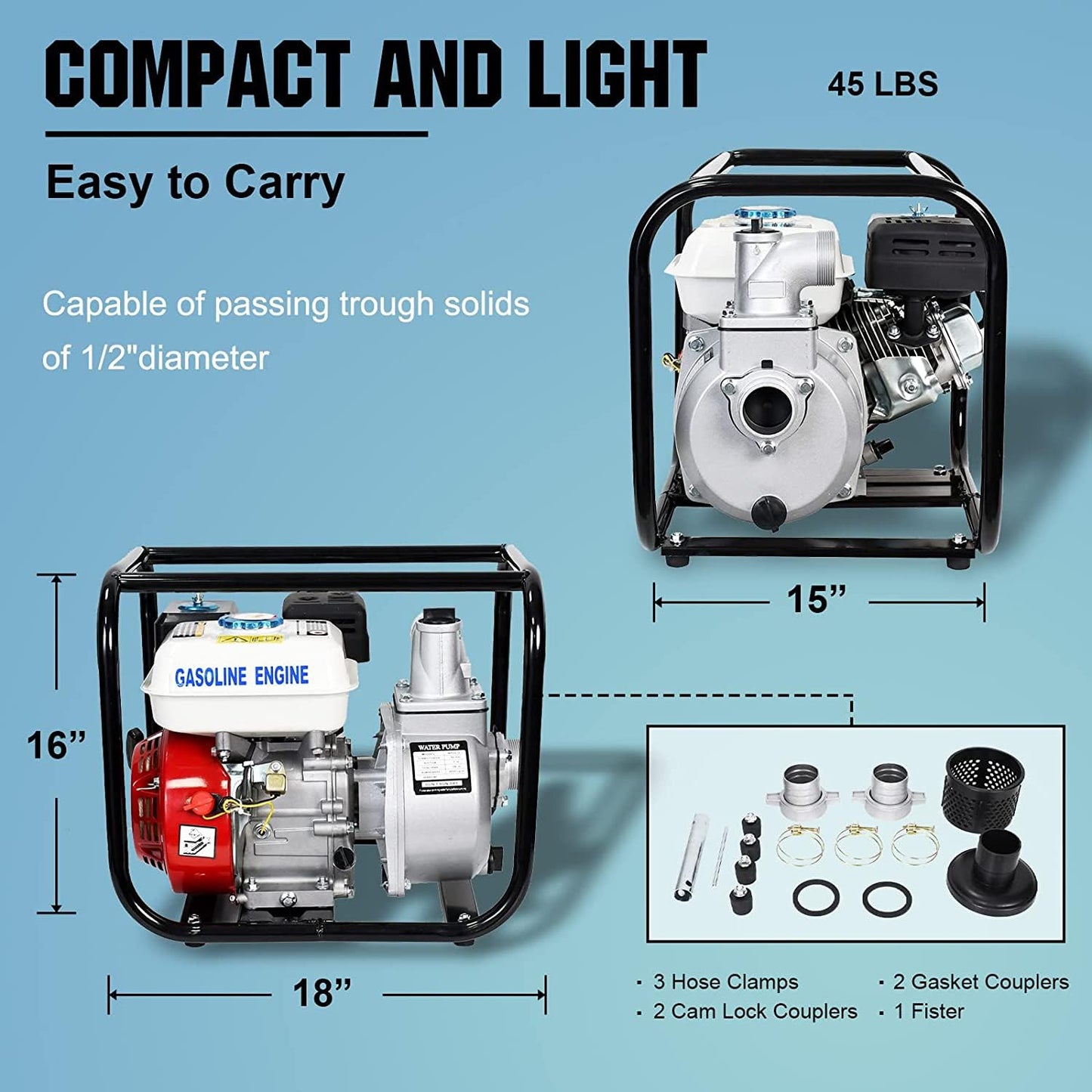 DC HOUSE 2" 6.5 HP 4-Stroke Gas Powered Semi-Trash Water Pump, 212cc 4-Cycle 158GPM High Flow Rate 26.2FT Suction 105FT Lift, High-Pressure Gasoline Transfer Pump